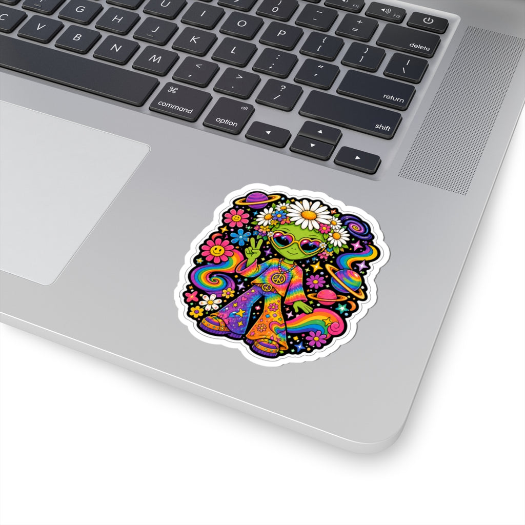 70's Hippie Alien Kiss-Cut Sticker — Retro Rainbow Peace Vibes