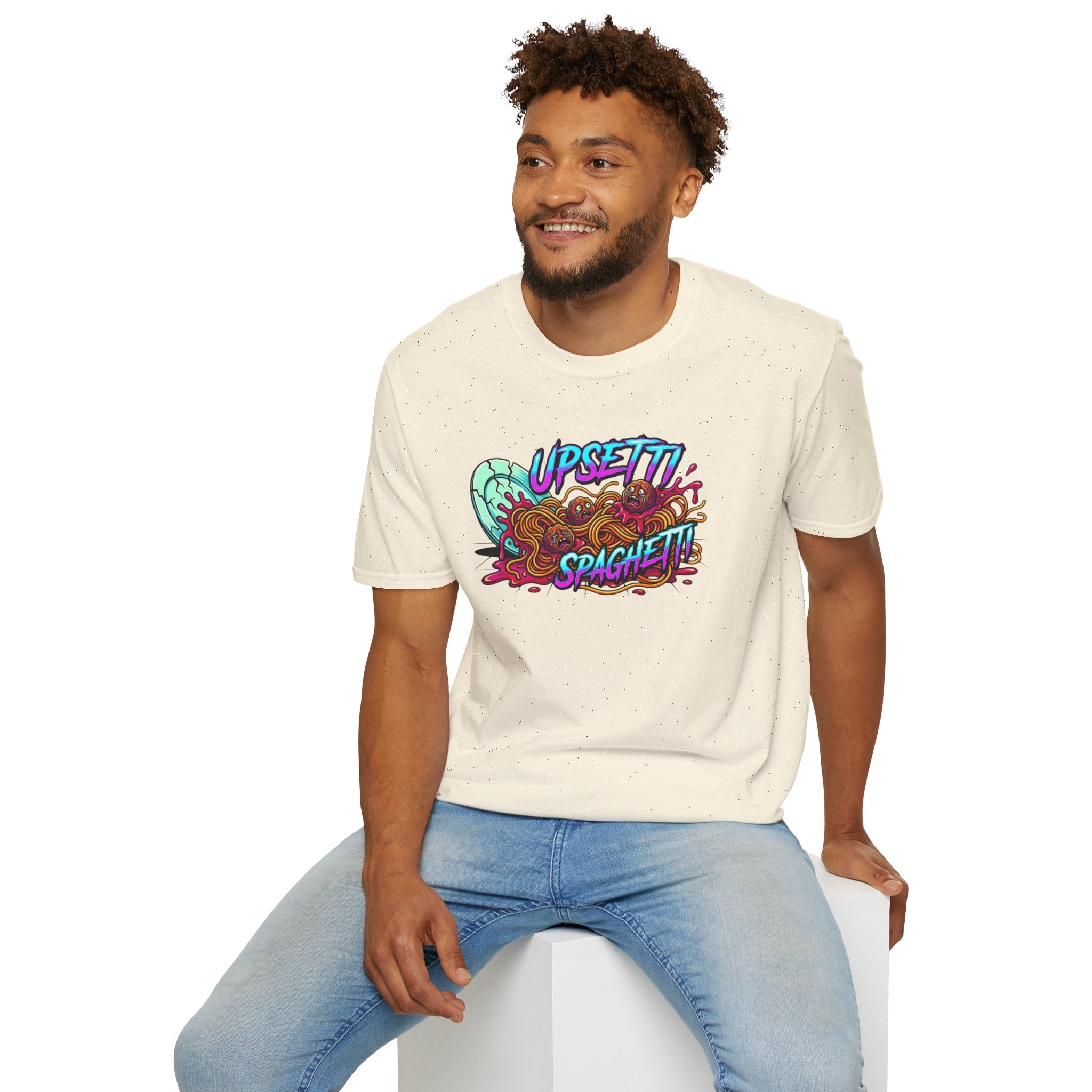 Upsetti Spaghetti T-Shirt — Funny Cartoon Spilled Pasta Graphic Tee