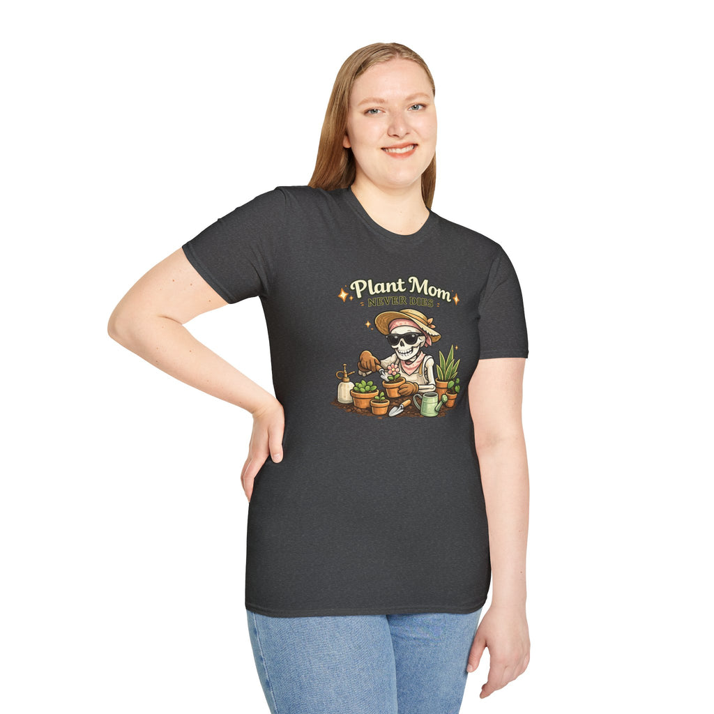 Plant Mom T-Shirt — "Plant Mom Never Dies" Skeleton Gardener Tee