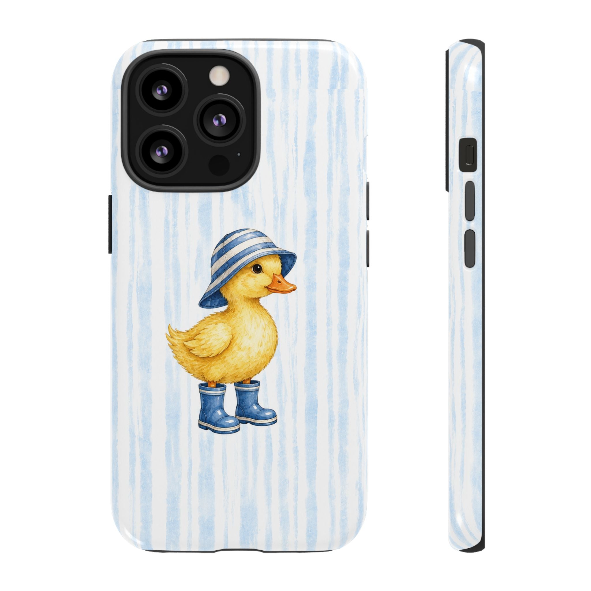 Cute Duckling Phone Case – Baby Blue Stripes with Duck in Hat & Boots