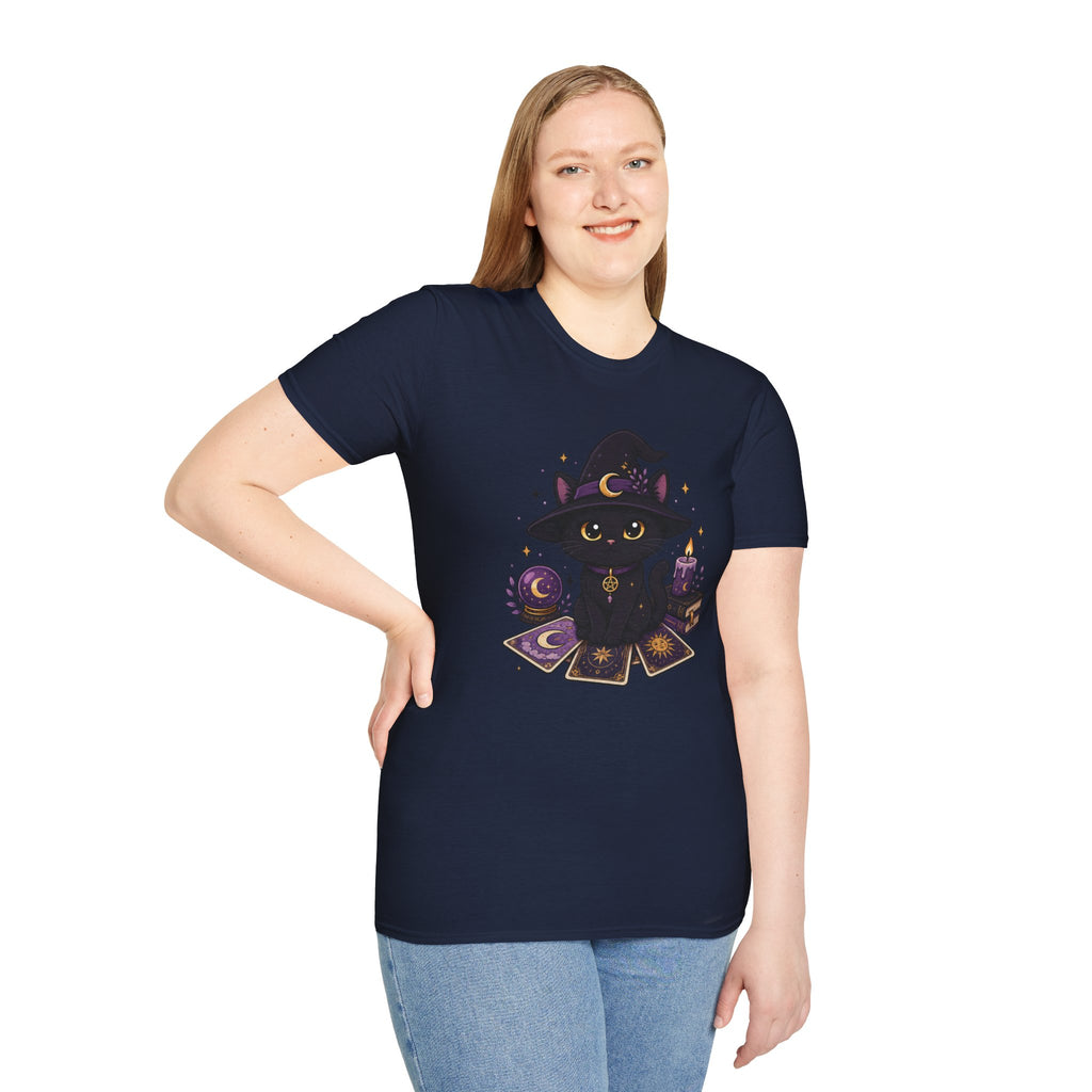 Tarot Cat T-Shirt — Cute Black Cat with Witch Hat & Tarot Candles