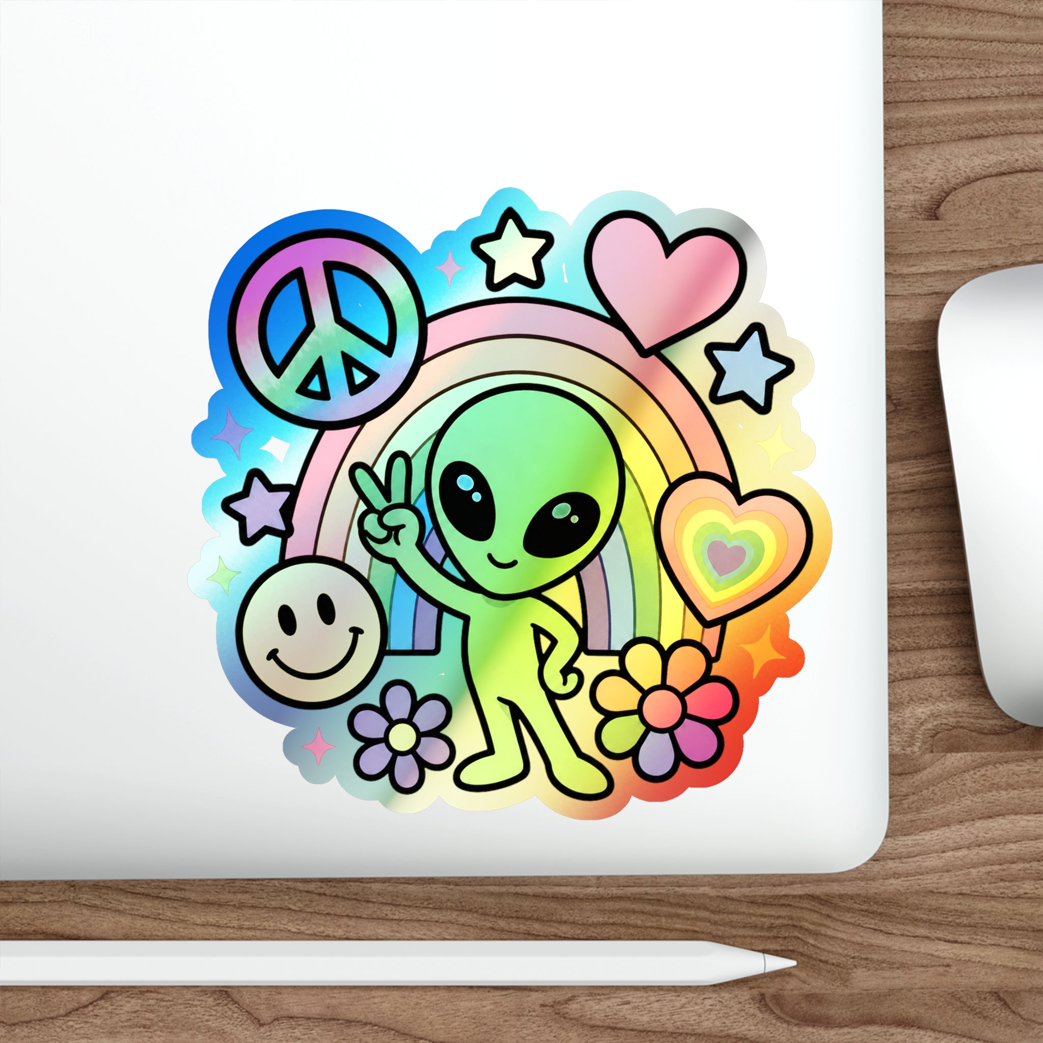 Holographic Alien Peace Sticker — Rainbow Die-Cut Vinyl #02