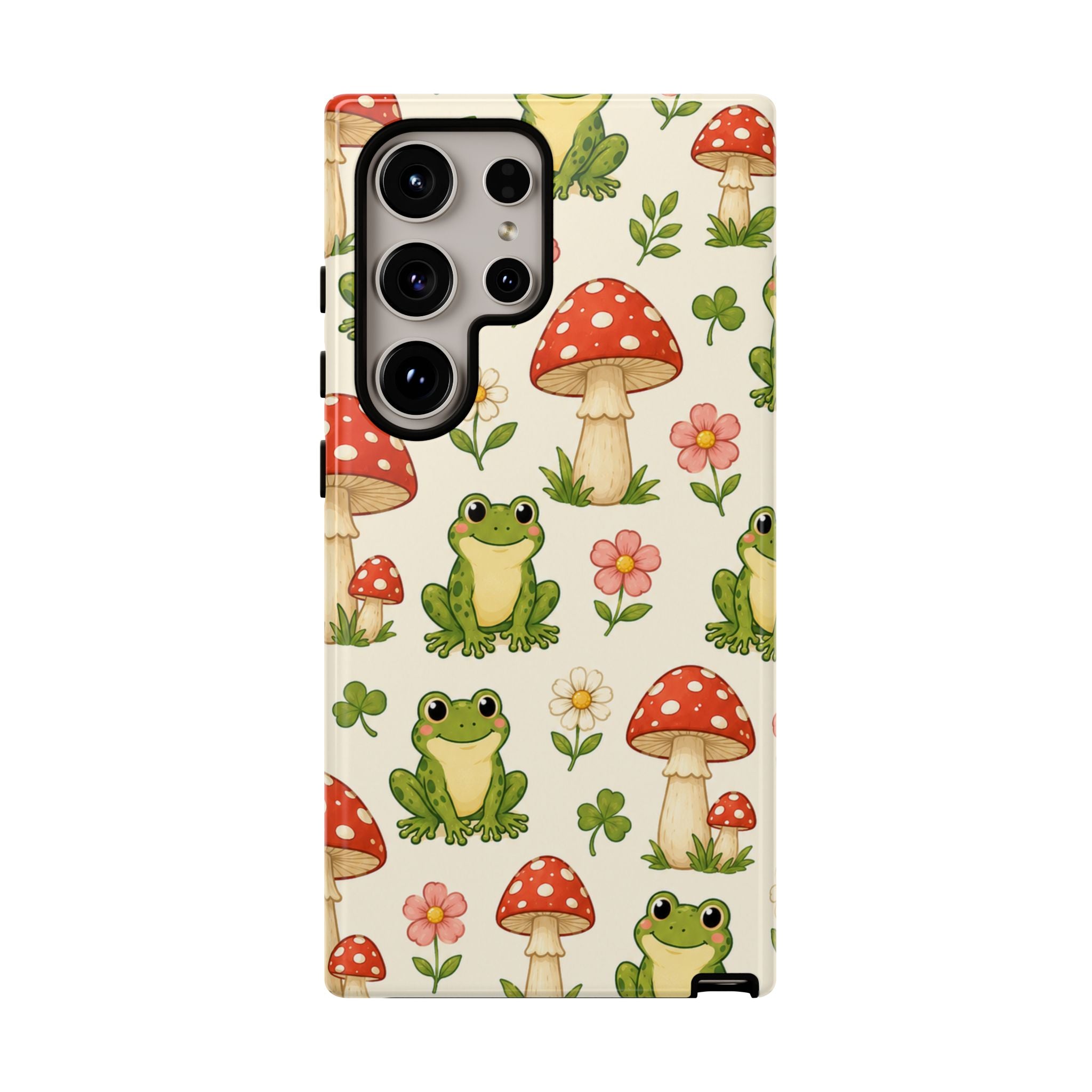 Kawaii Frog & Red Capped Mushroom Phone Case – Cute Nature Pattern Protective Cover