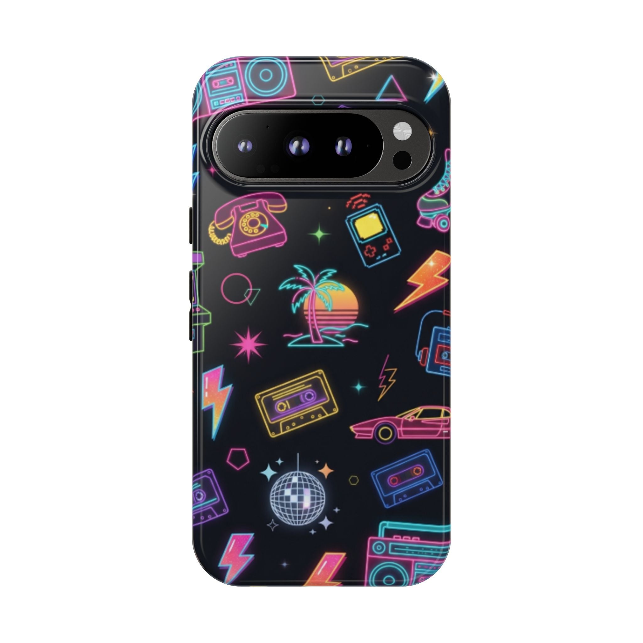 Retro Neon 80s Phone Case — Cassette, Roller Skate & Palm Tree Pattern