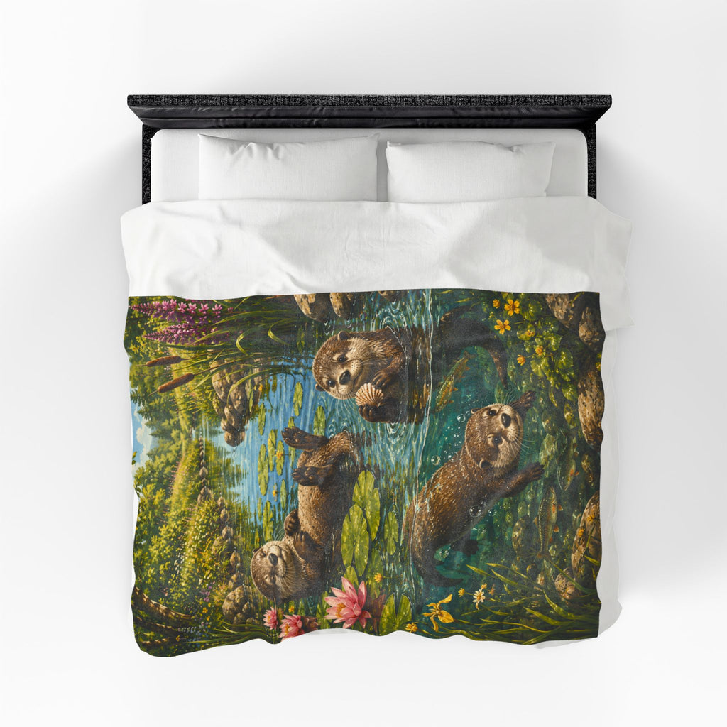 Otter Pond Velveteen Plush Blanket — Cozy Floral River Animal Throw