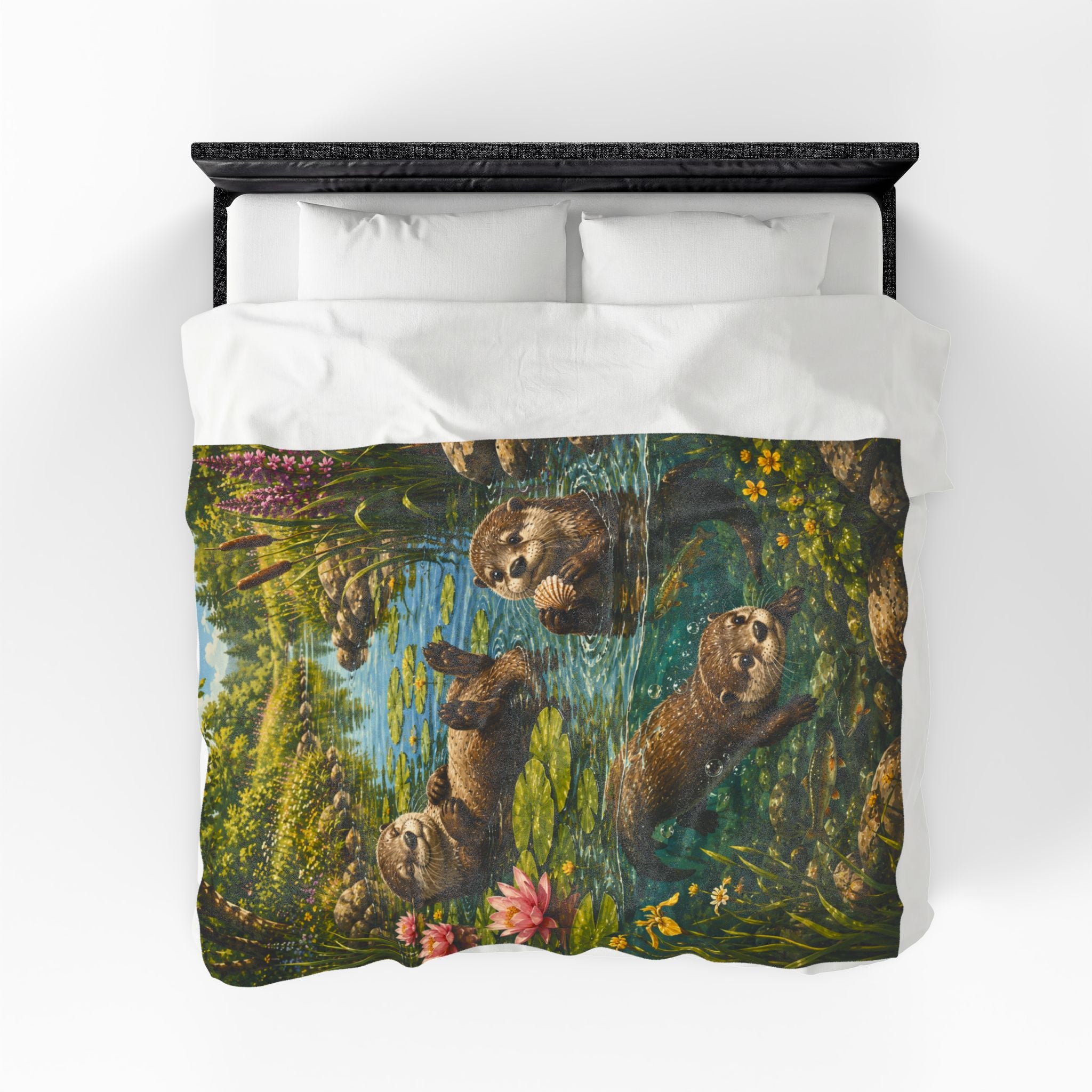 Otter Pond Velveteen Plush Blanket — Cozy Floral River Animal Throw