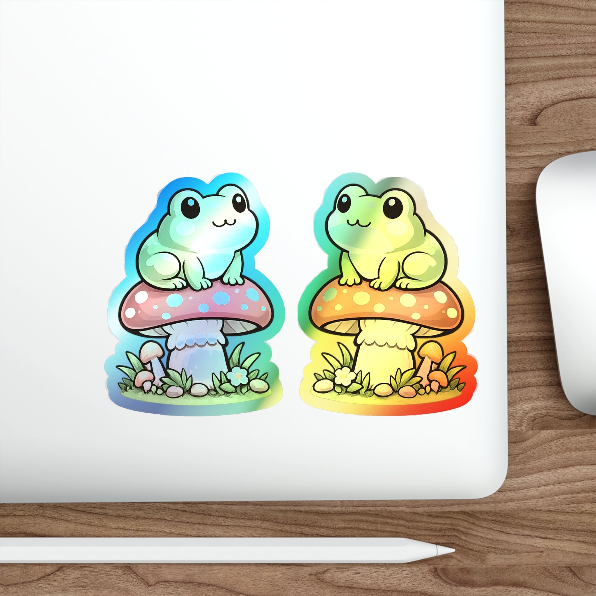 Holographic Frog on Mushroom Die-Cut Sticker — Cute Kawaii Vinyl Decal