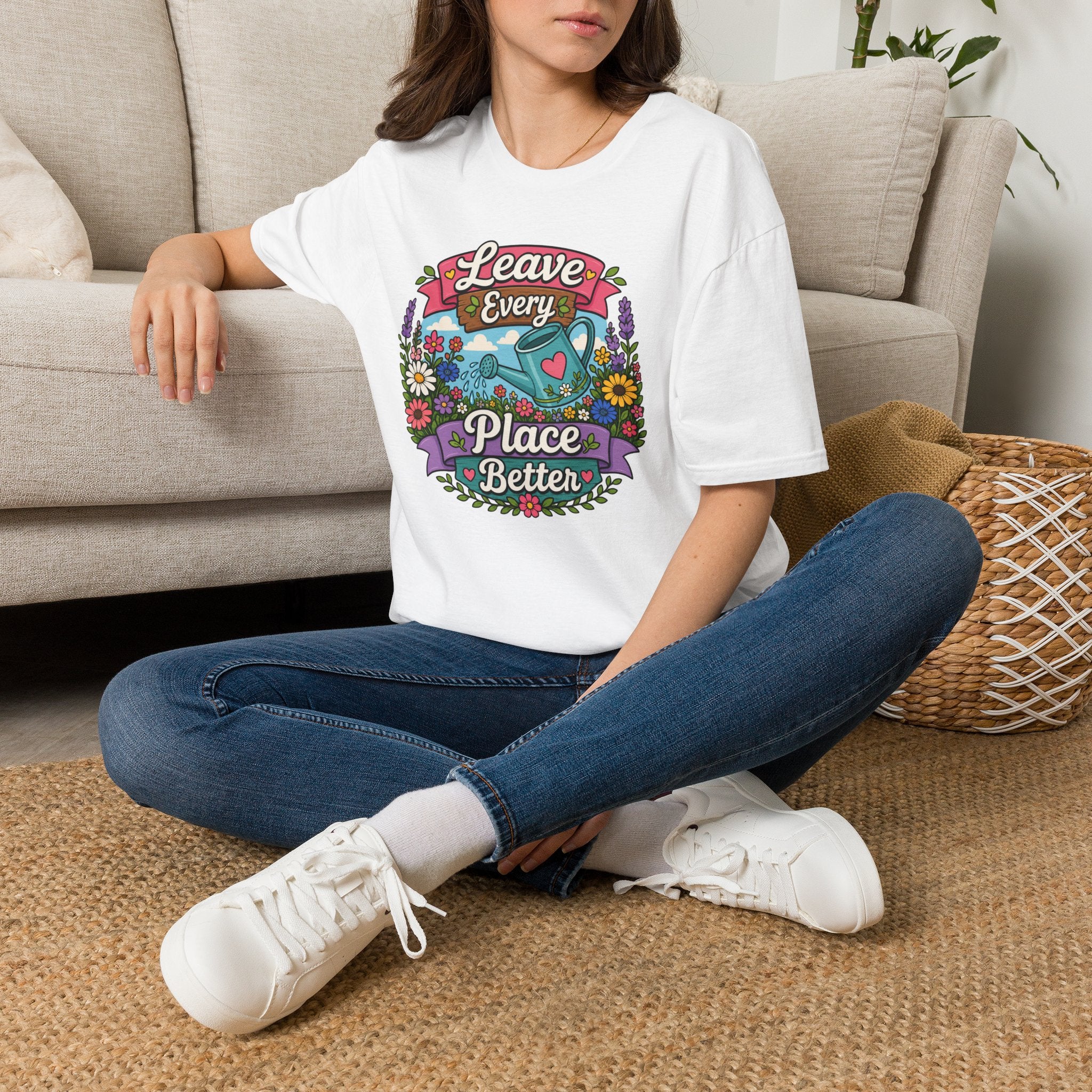 Leave Every Place Better T-Shirt — Floral Watering Can Eco-Friendly Tee