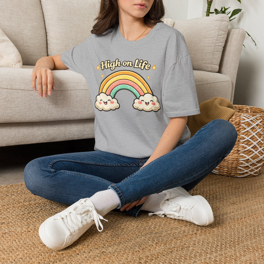 High on Life Cute Rainbow Tee (Retro Pastel Clouds) Gift T-Shirt