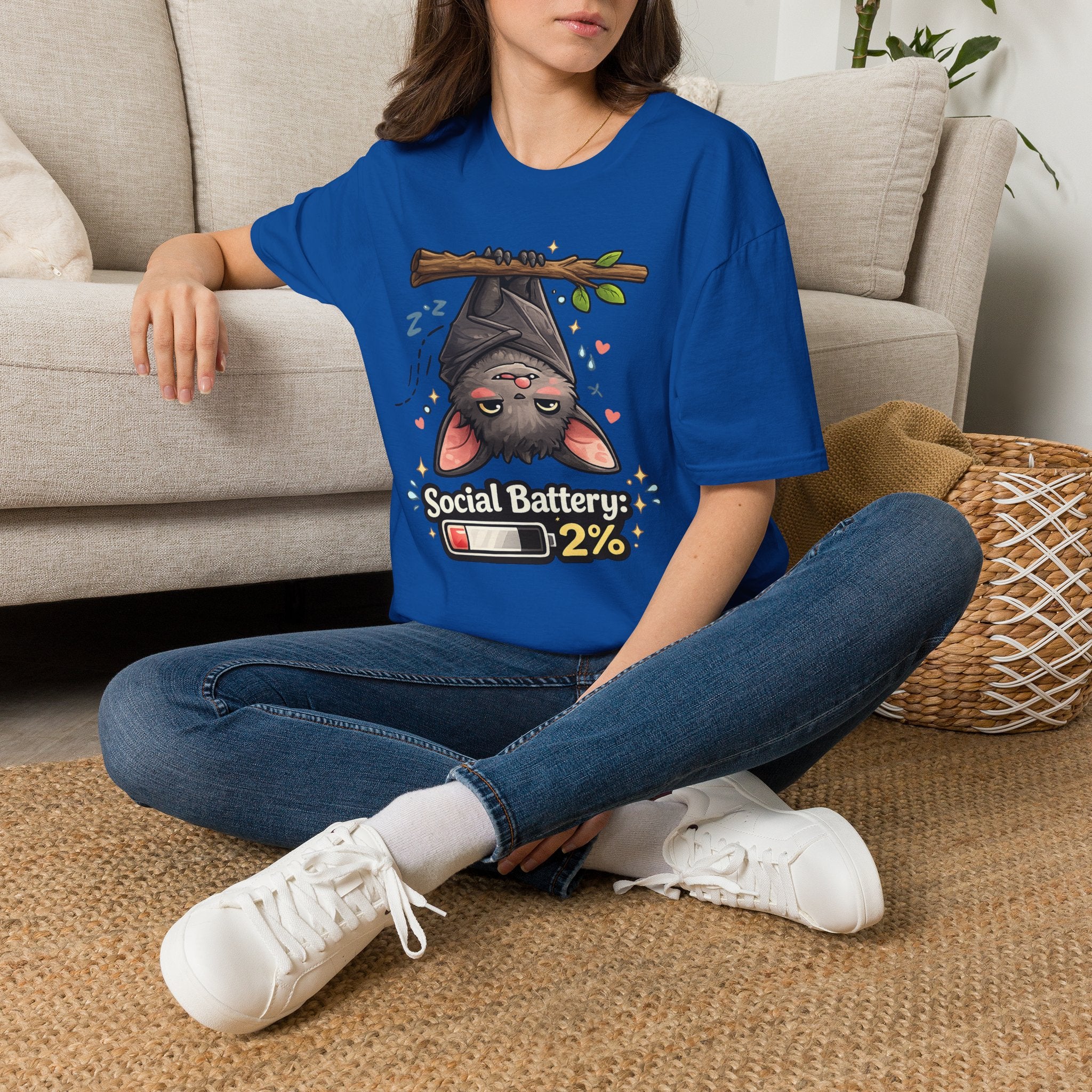"Social Battery 2%" Cute Sleeping Bat Graphic Tee