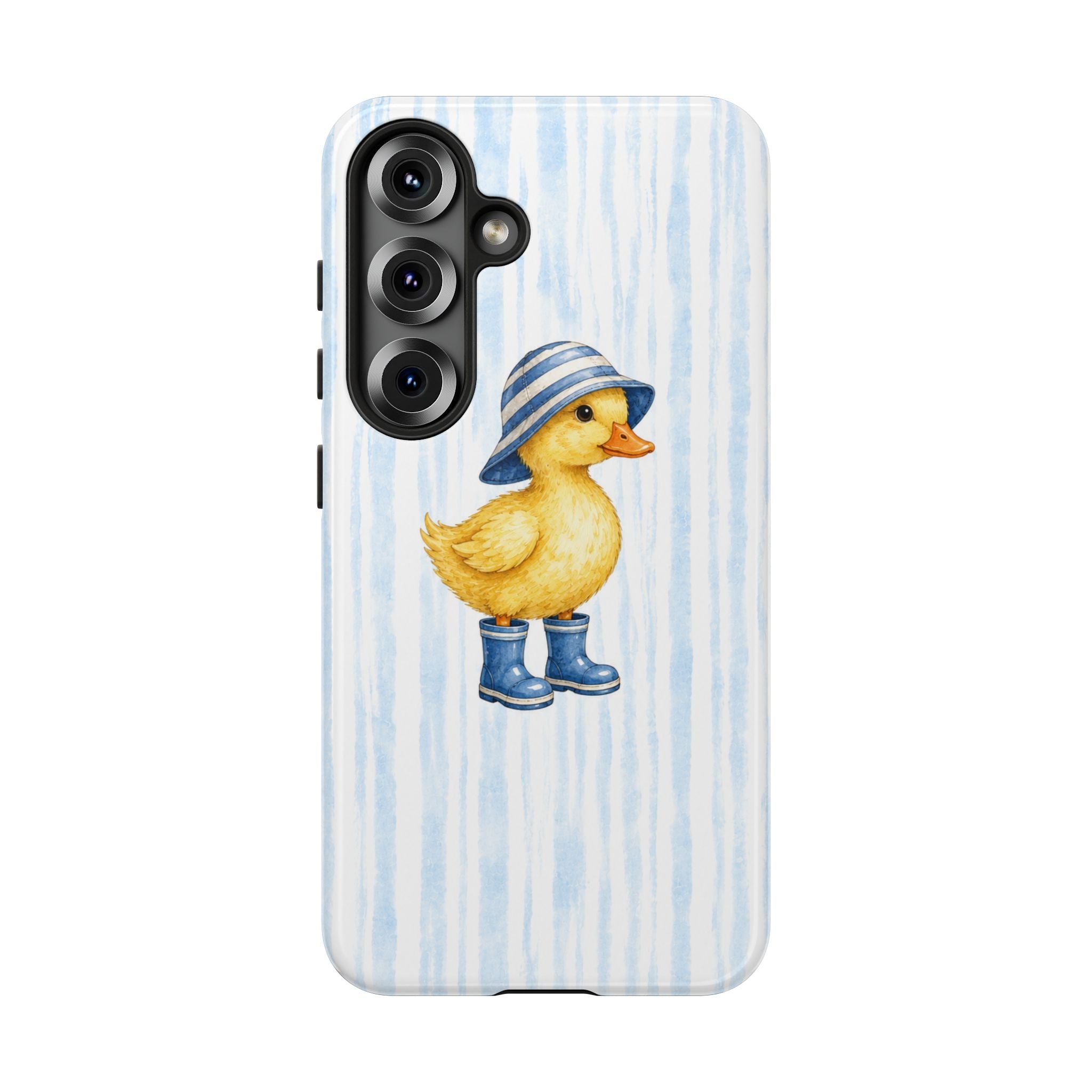 Cute Duckling Phone Case – Baby Blue Stripes with Duck in Hat & Boots