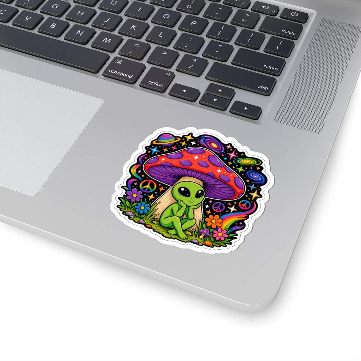 Psychedelic Alien Mushroom Sticker — Cute Retro Space & Peace Sign Kiss-Cut Decal