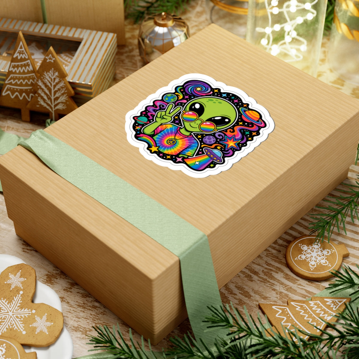 Psychedelic Alien Peace Sticker — Rainbow Tie-Dye UFO Kiss-Cut Decal