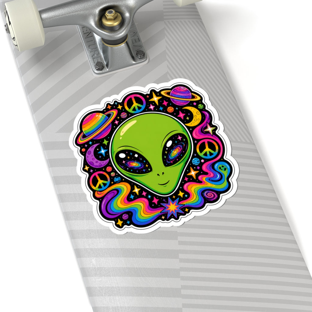 Psychedelic Alien Sticker — Retro Rainbow Peace Space Kiss-Cut Sticker