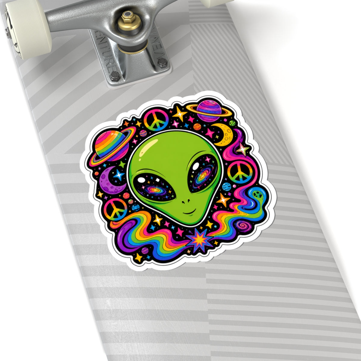 Psychedelic Alien Sticker — Retro Rainbow Peace Space Kiss-Cut Sticker