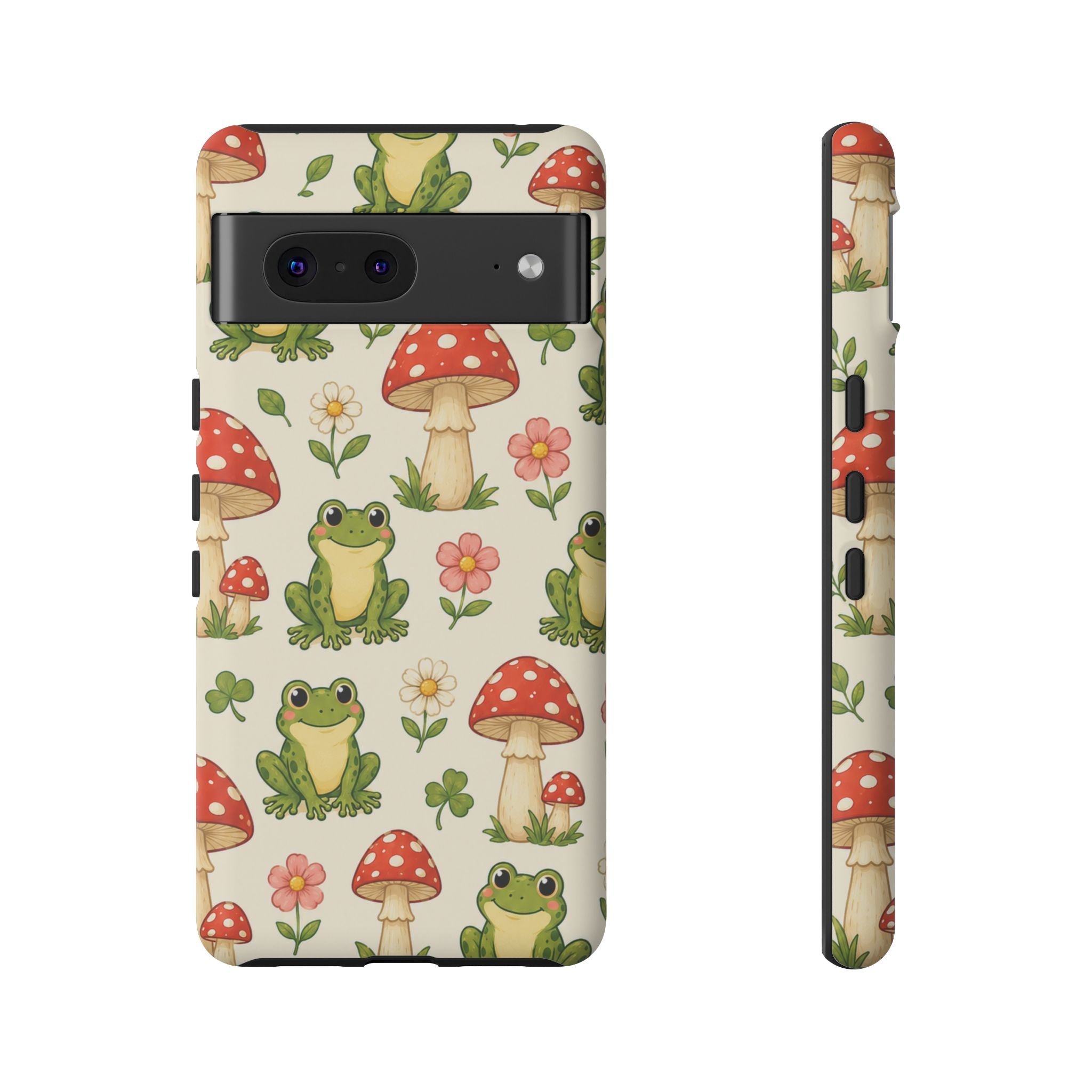 Kawaii Frog & Red Capped Mushroom Phone Case – Cute Nature Pattern Protective Cover