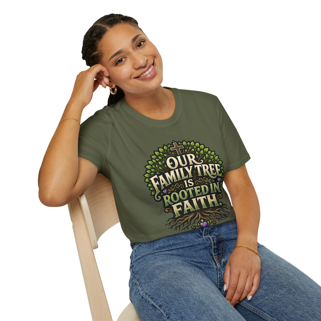 Faith Family Tree T-Shirt — "Our Family Tree Is Rooted in Faith" Christian Graphic Tee