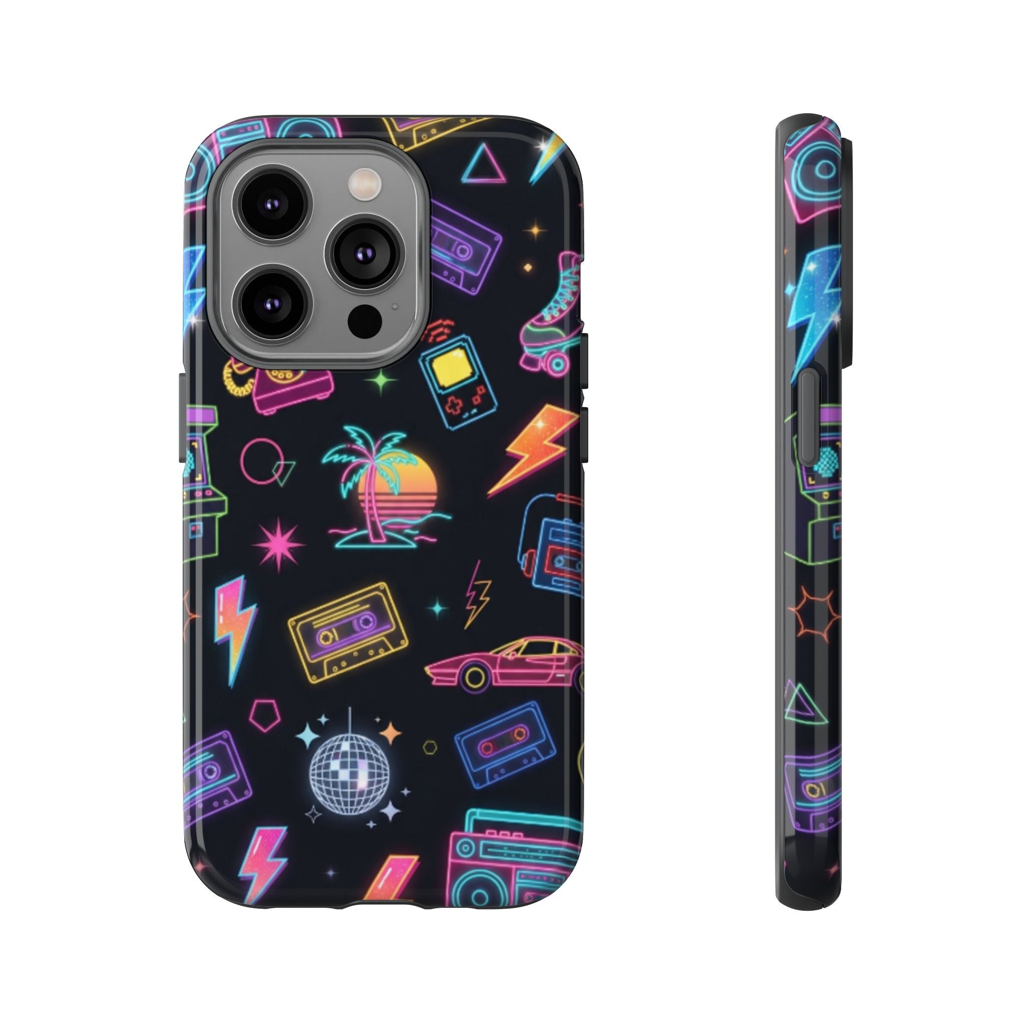 Retro Neon 80s Phone Case — Cassette, Roller Skate & Palm Tree Pattern