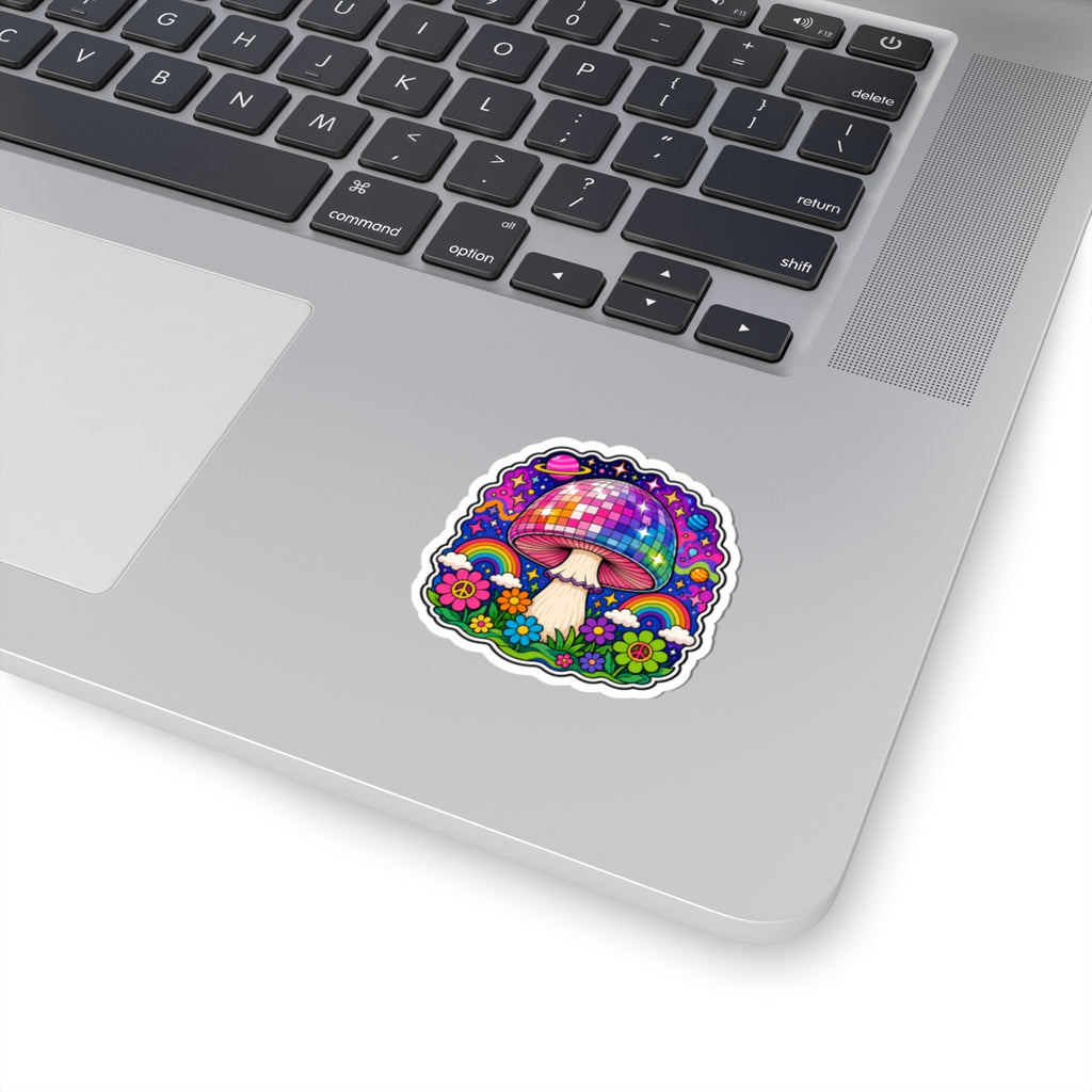 Psychedelic Disco Mushroom Sticker — Rainbow Retro Floral Kiss-Cut Vinyl