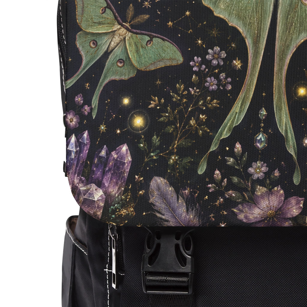 Luna Moth Cosmic Floral Canvas Shoulder Backpack — Night Garden Shoulder Bag