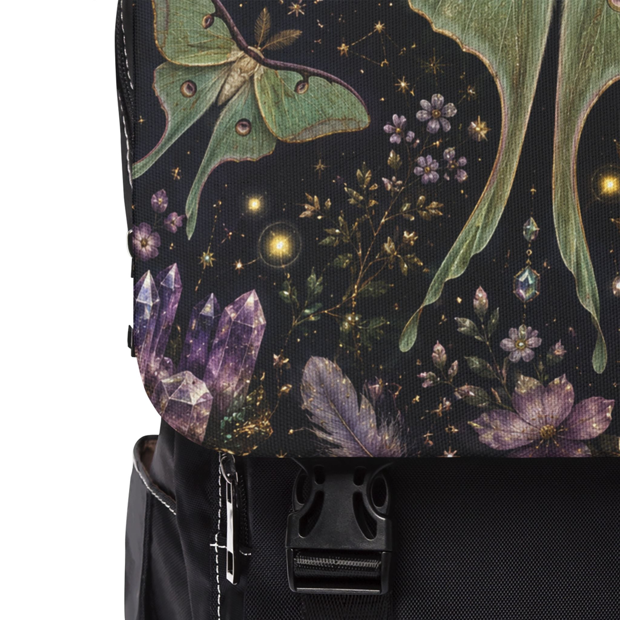 Luna Moth Cosmic Floral Canvas Shoulder Backpack — Night Garden Shoulder Bag