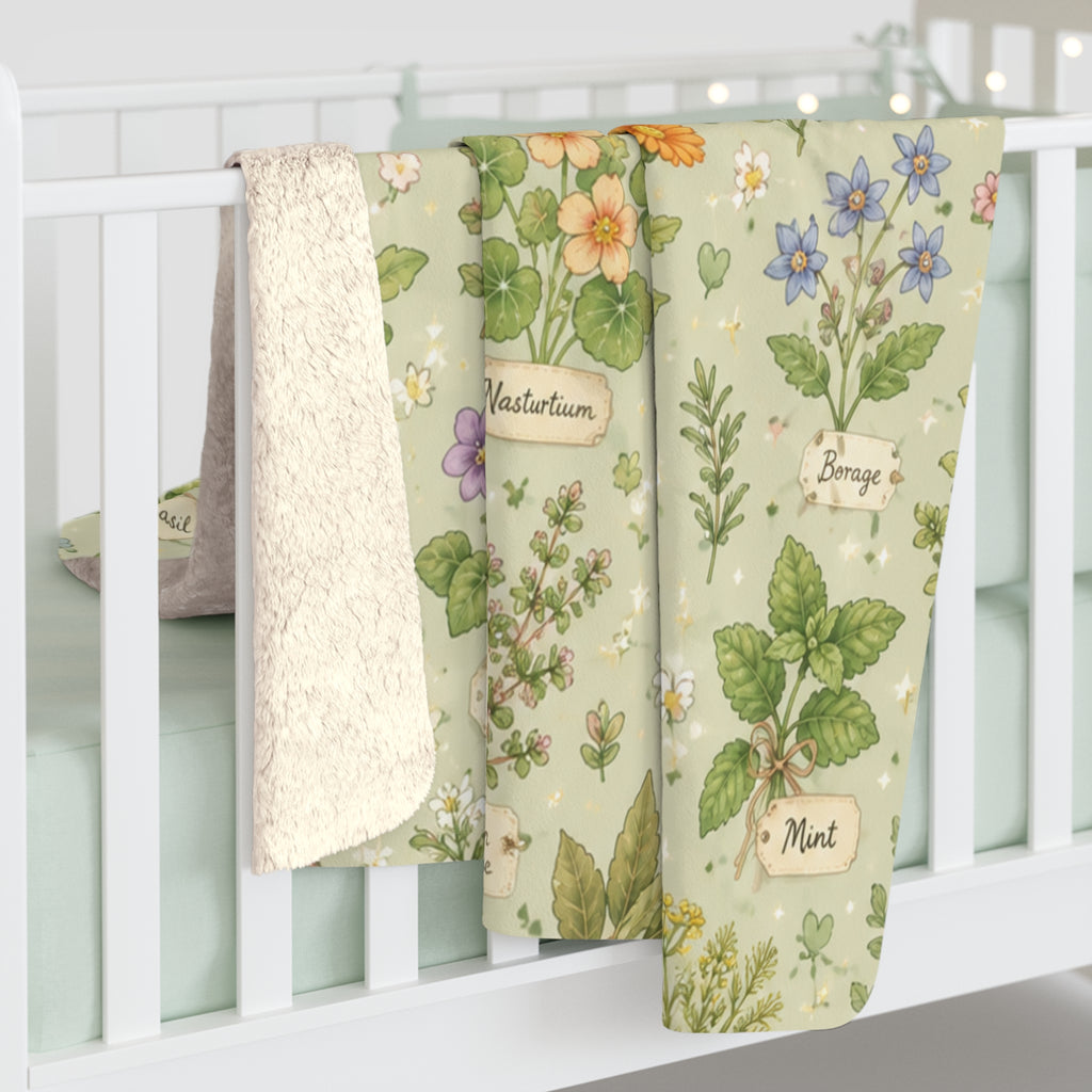 Pastel Herbal Garden Sherpa Blanket — Botanical Labeled Herbs Fleece Throw