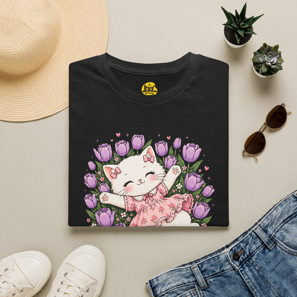 Cute Floral Cat T-Shirt — Happy Kitten in Tulips Graphic Tee