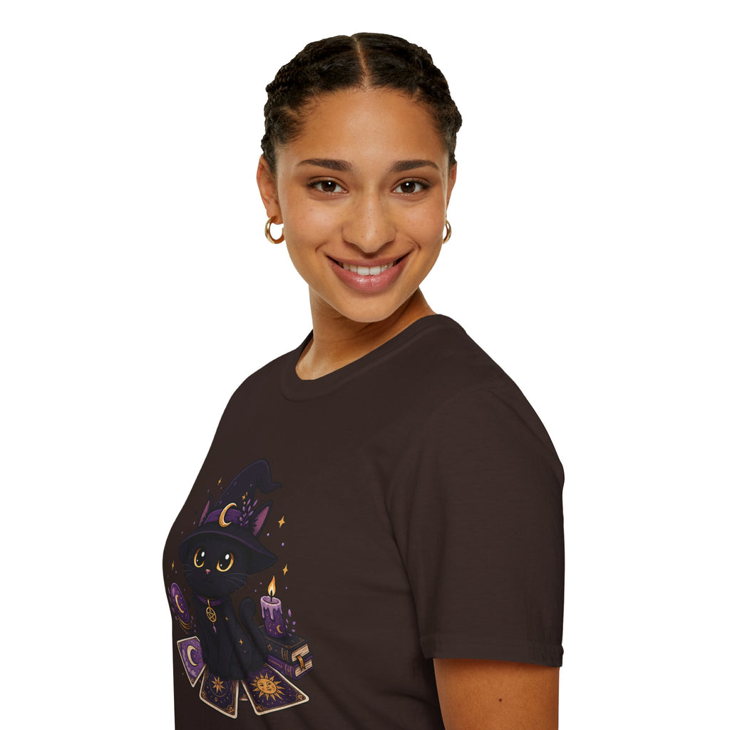 Tarot Cat T-Shirt — Cute Black Cat with Witch Hat & Tarot Candles