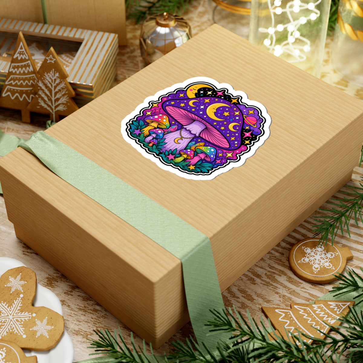 Psychedelic Moon Mushroom Sticker — Colorful Night Sky Kiss-Cut Sticker