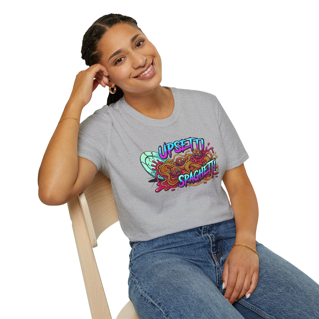 Upsetti Spaghetti T-Shirt — Funny Cartoon Spilled Pasta Graphic Tee