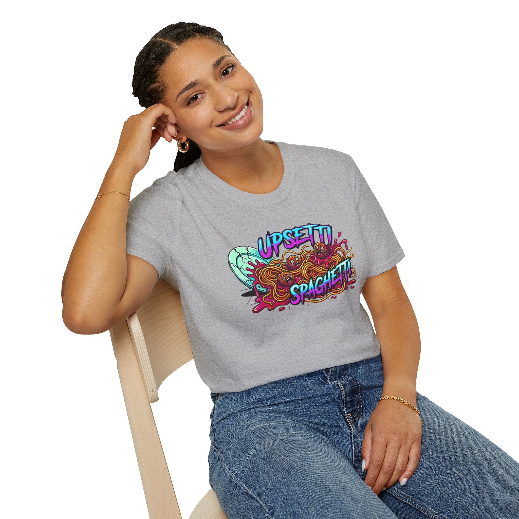 Upsetti Spaghetti T-Shirt — Funny Cartoon Spilled Pasta Graphic Tee