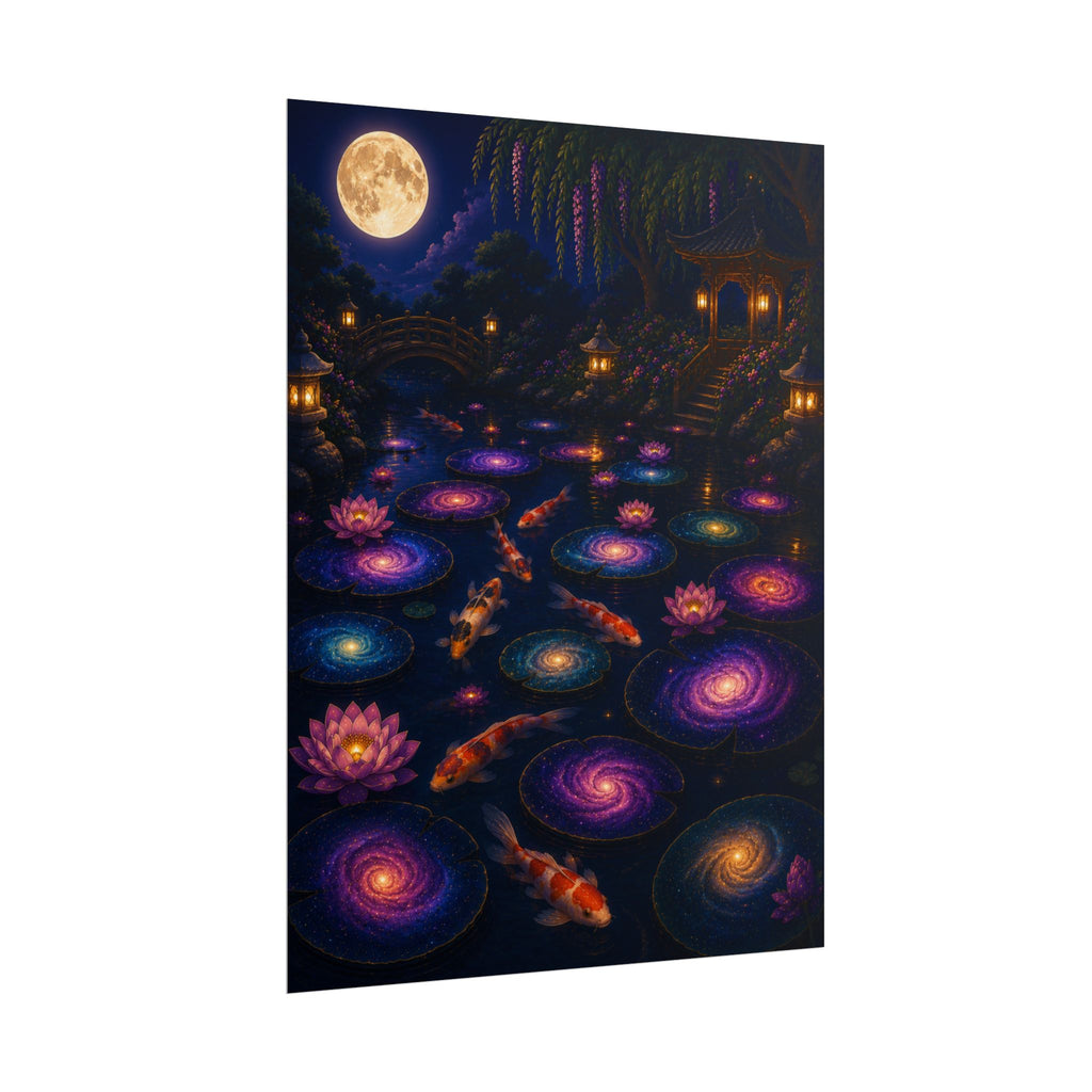 Koi Galaxy Pond Rolled Poster — Moonlit Lotus & Starry Swirls Wall Art