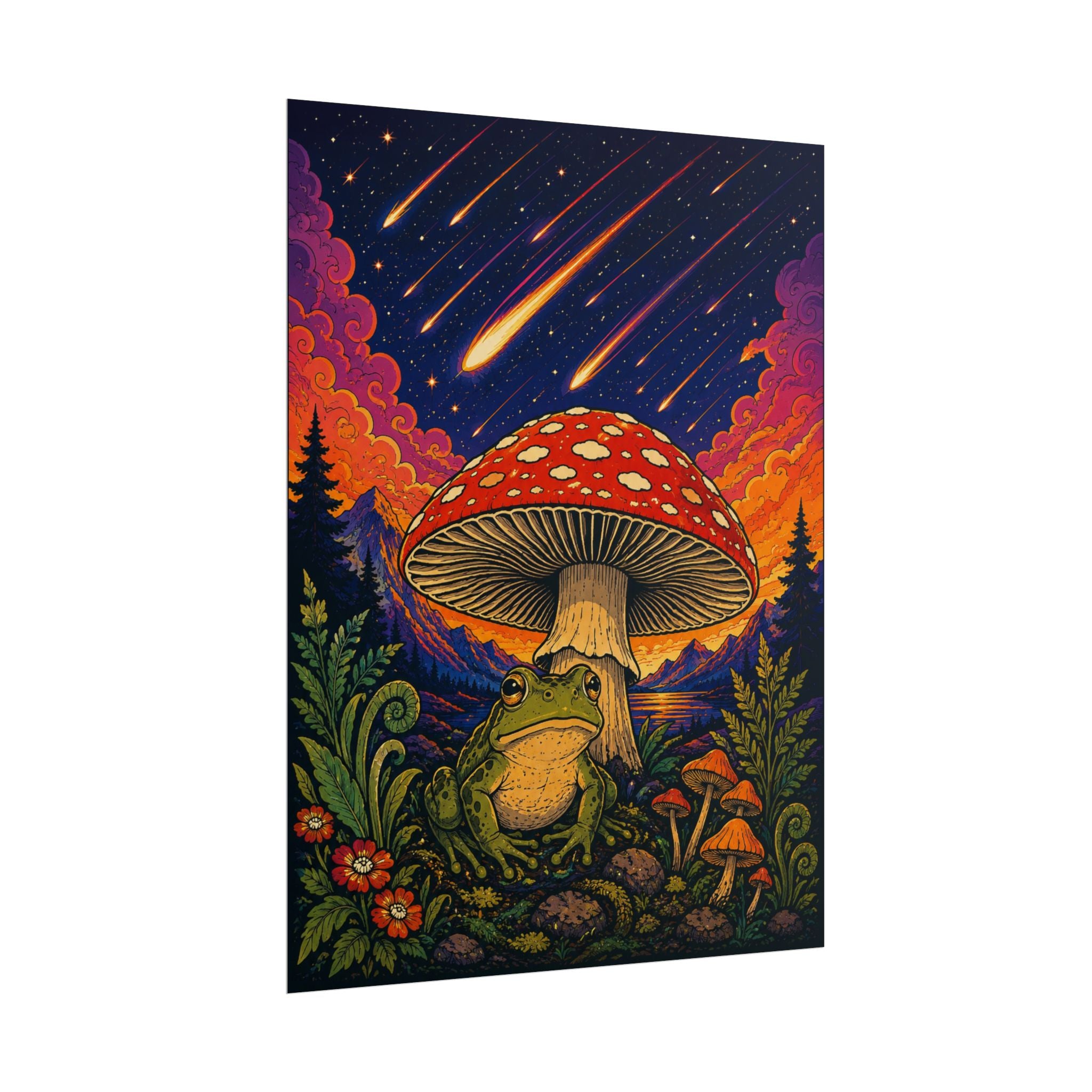 Psychedelic Toad & Mushroom Poster — Meteor Shower Night Sky Art Print