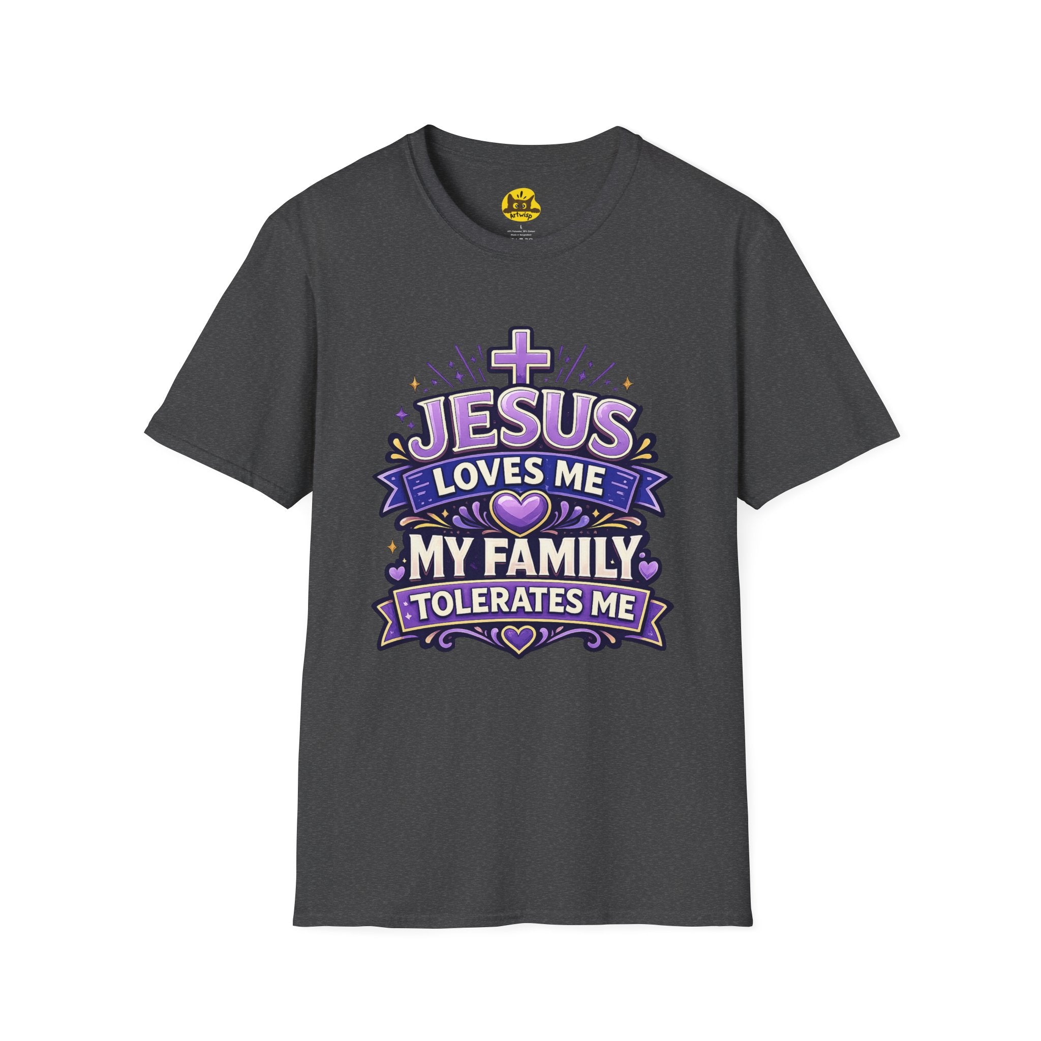 Christian T-Shirt — "Jesus Loves Me, My Family Tolerates Me" Graphic Tee