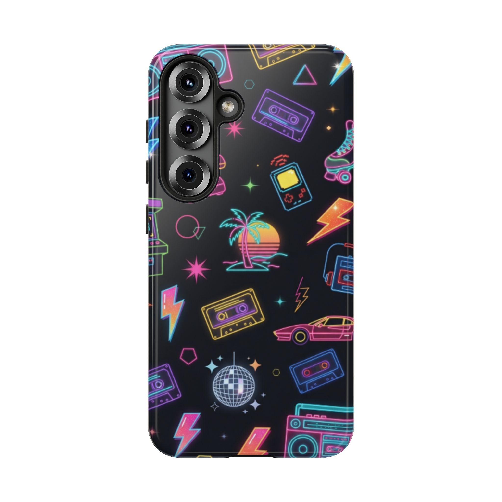 Retro Neon 80s Phone Case — Cassette, Roller Skate & Palm Tree Pattern