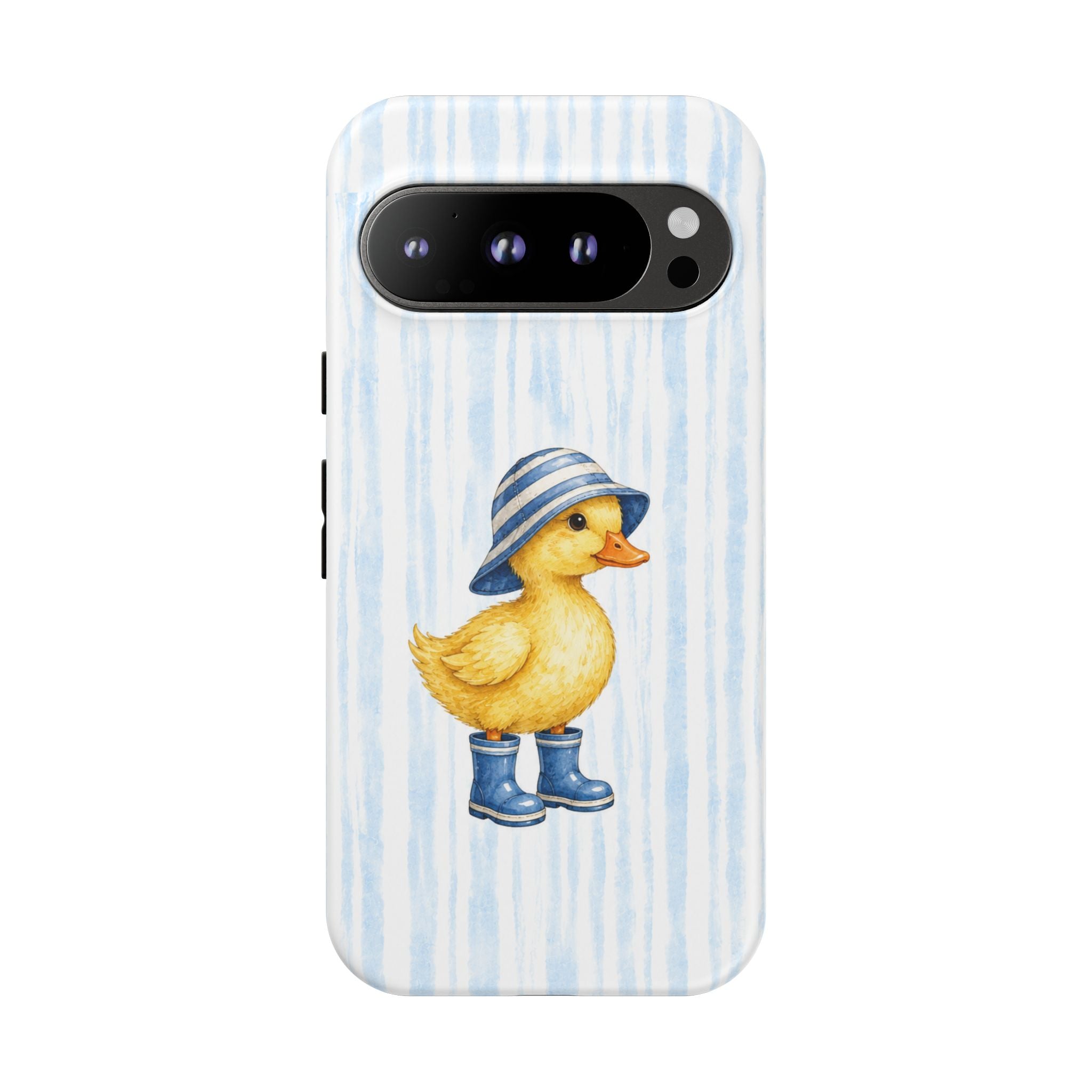 Cute Duckling Phone Case – Baby Blue Stripes with Duck in Hat & Boots