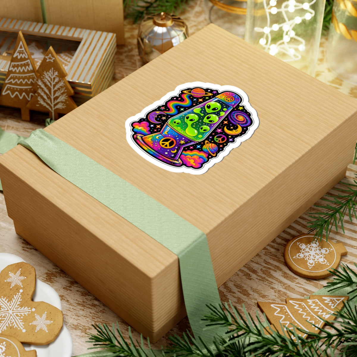 Psychedelic Alien Lava Lamp Kiss-Cut Sticker — Retro Space Peace Design