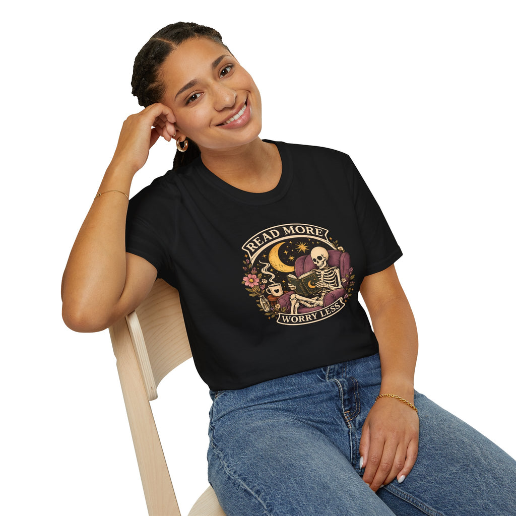 Read More, Worry Less T-Shirt — Skeleton Reading Graphic Tee