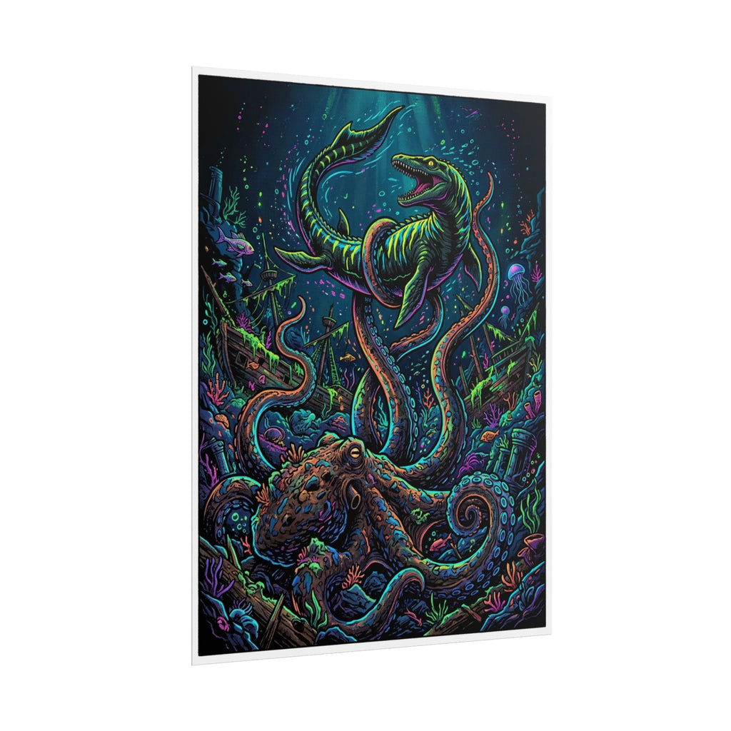 Underwater Showdown Neon Pop Art Poster — Mosasaur vs. Giant Kraken Rolled Art Print