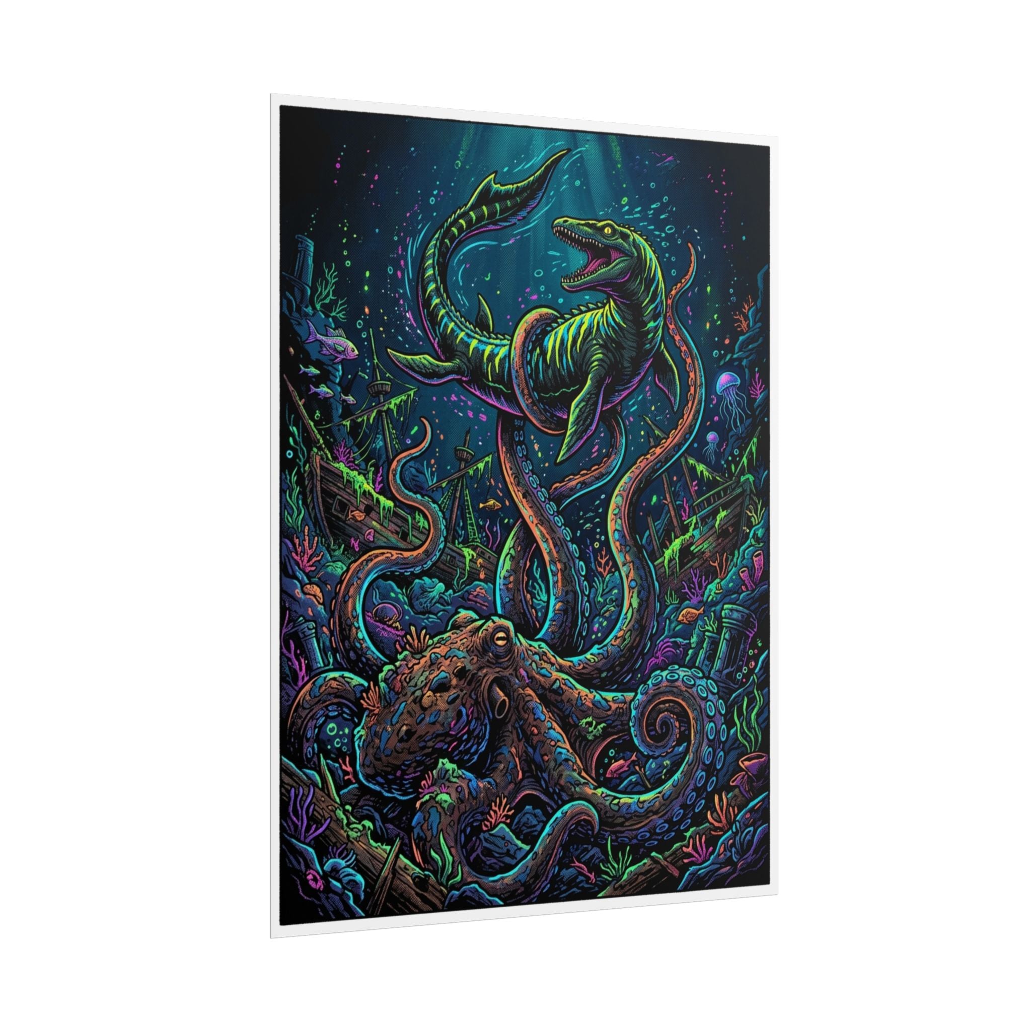 Underwater Showdown Neon Pop Art Poster — Mosasaur vs. Giant Kraken Rolled Art Print