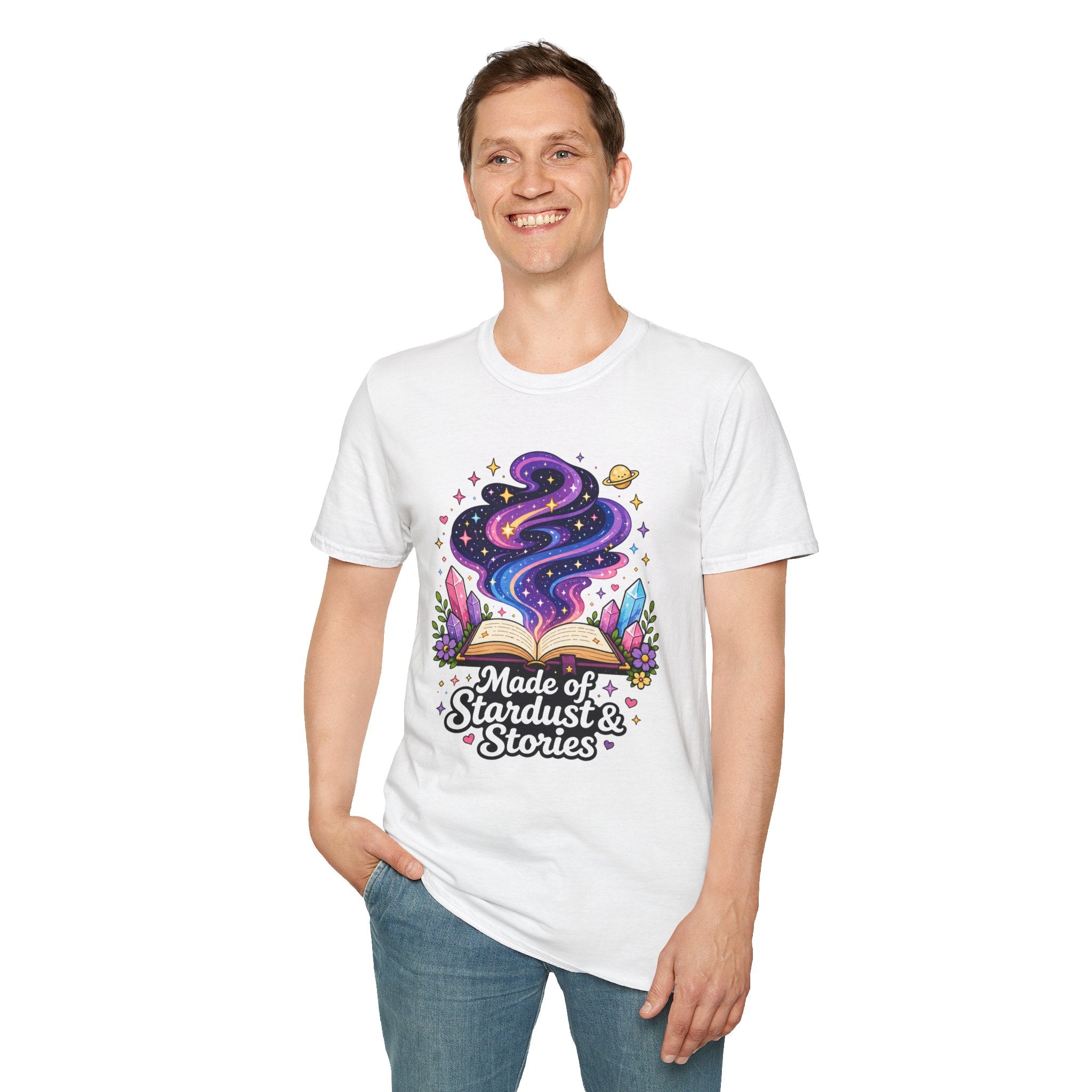 Booklover T-Shirt — “Made of Stardust & Stories” Cosmic Crystal Graphic Tee