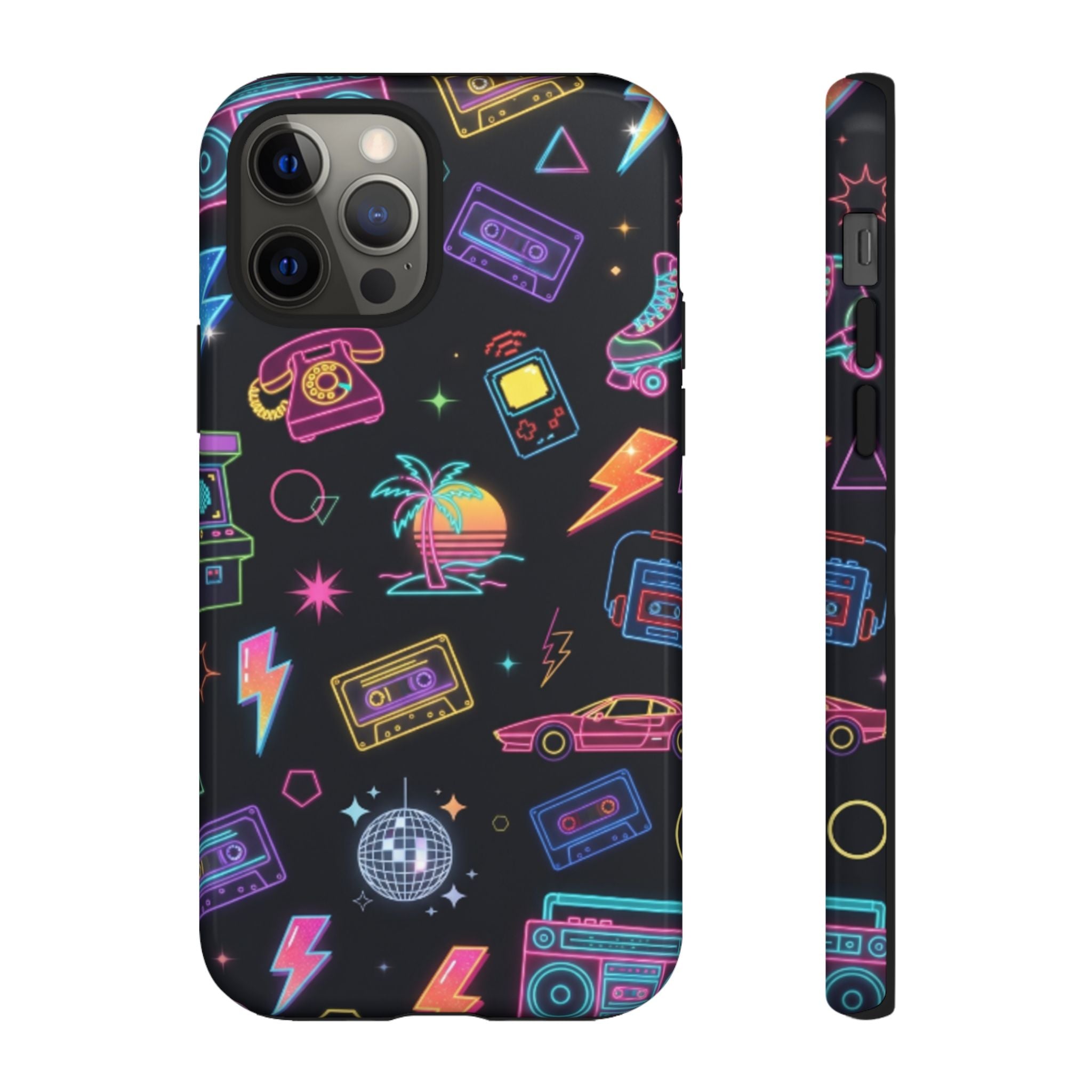 Retro Neon 80s Phone Case — Cassette, Roller Skate & Palm Tree Pattern
