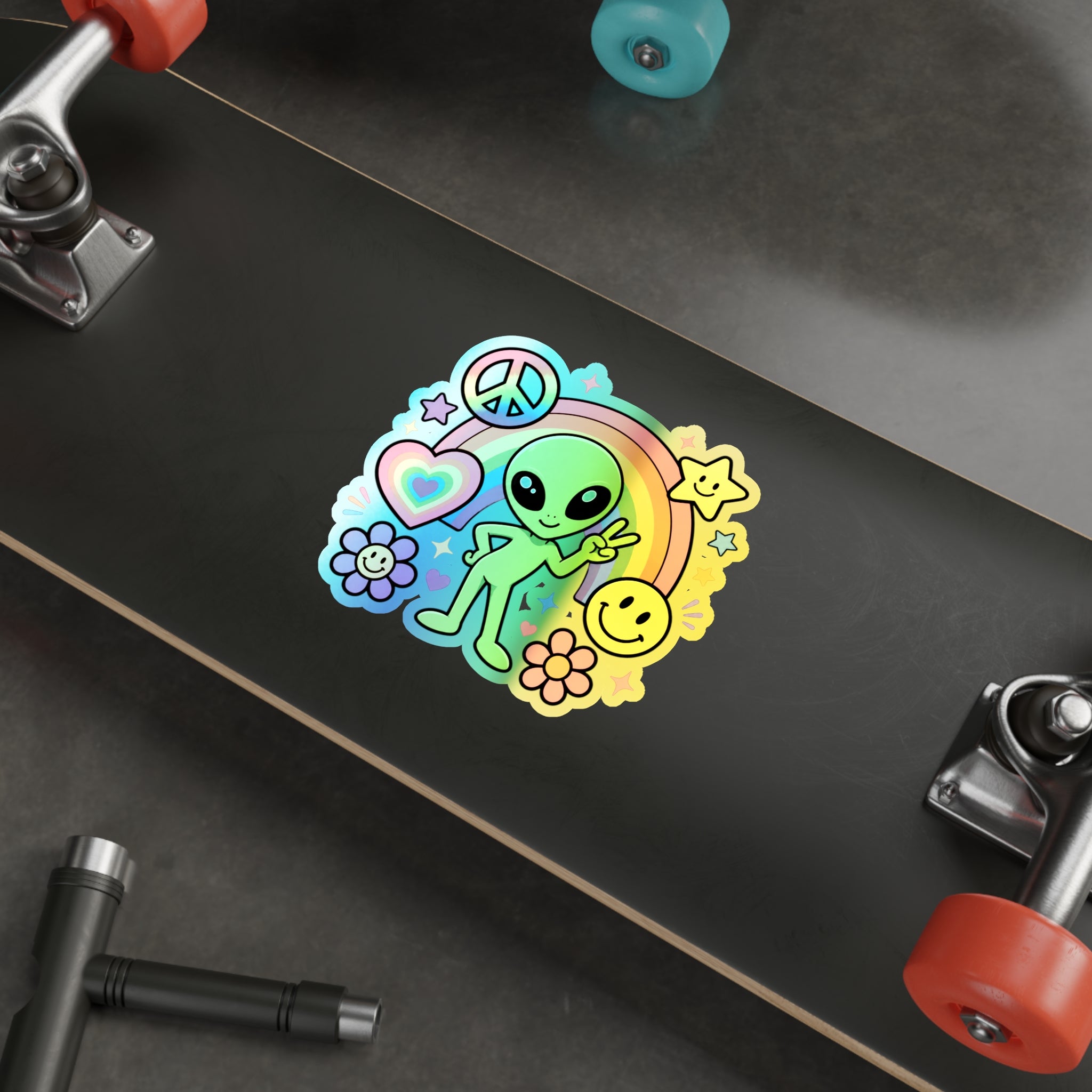 Holographic Alien Peace Sticker — Rainbow Psychedelic Die-Cut Sticker #03