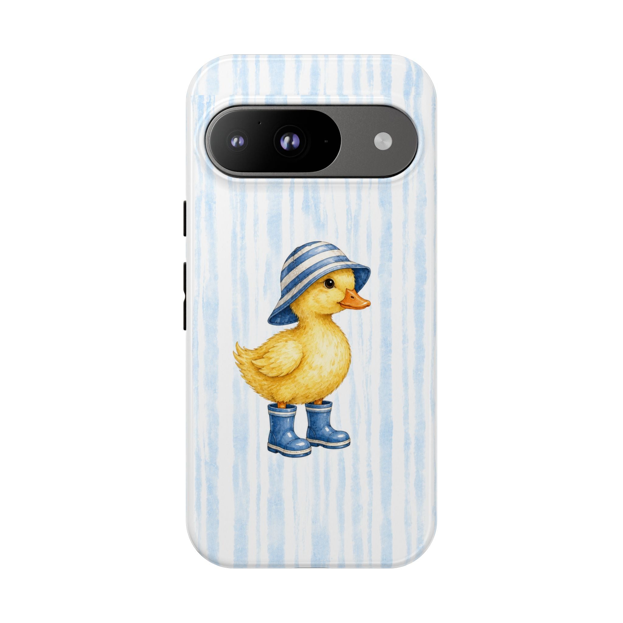 Cute Duckling Phone Case – Baby Blue Stripes with Duck in Hat & Boots