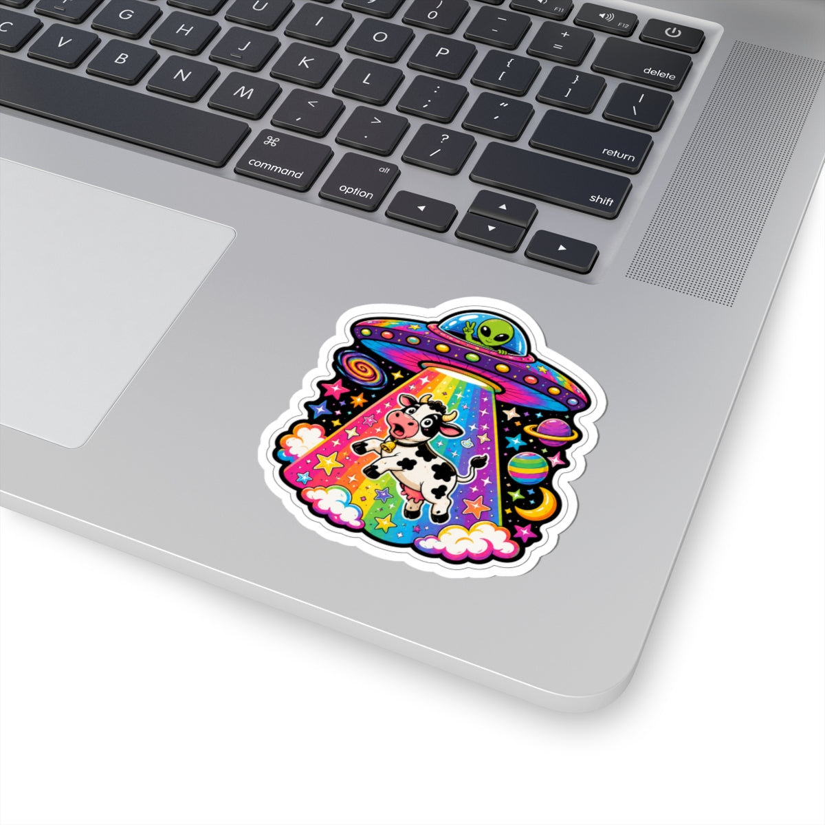 Alien UFO Cow Kiss-Cut Sticker — Colorful Rainbow Space Abduction Vinyl Decal