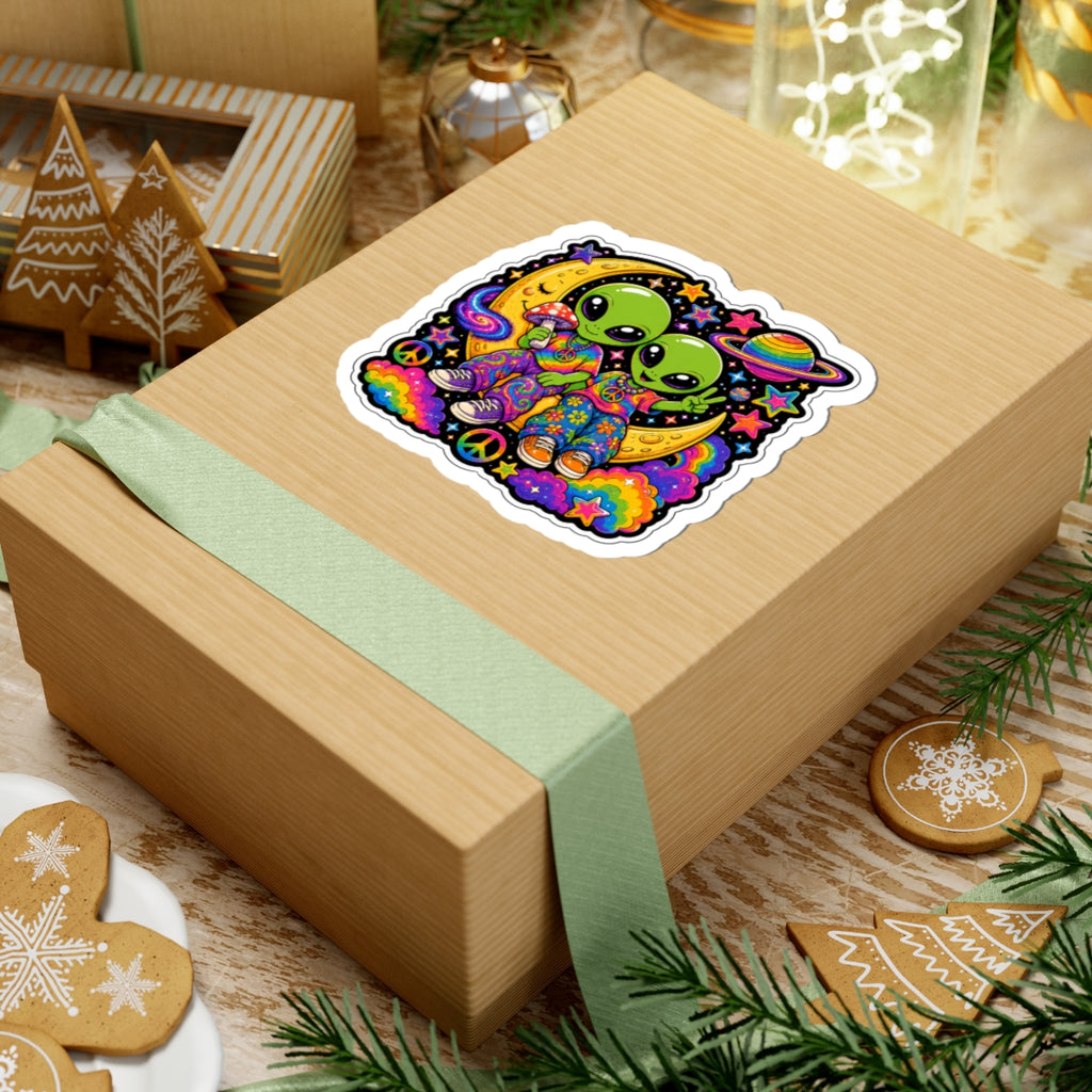 Psychedelic Alien Friends Sticker — Peace Sign, Rainbow Moon Kiss-Cut Sticker