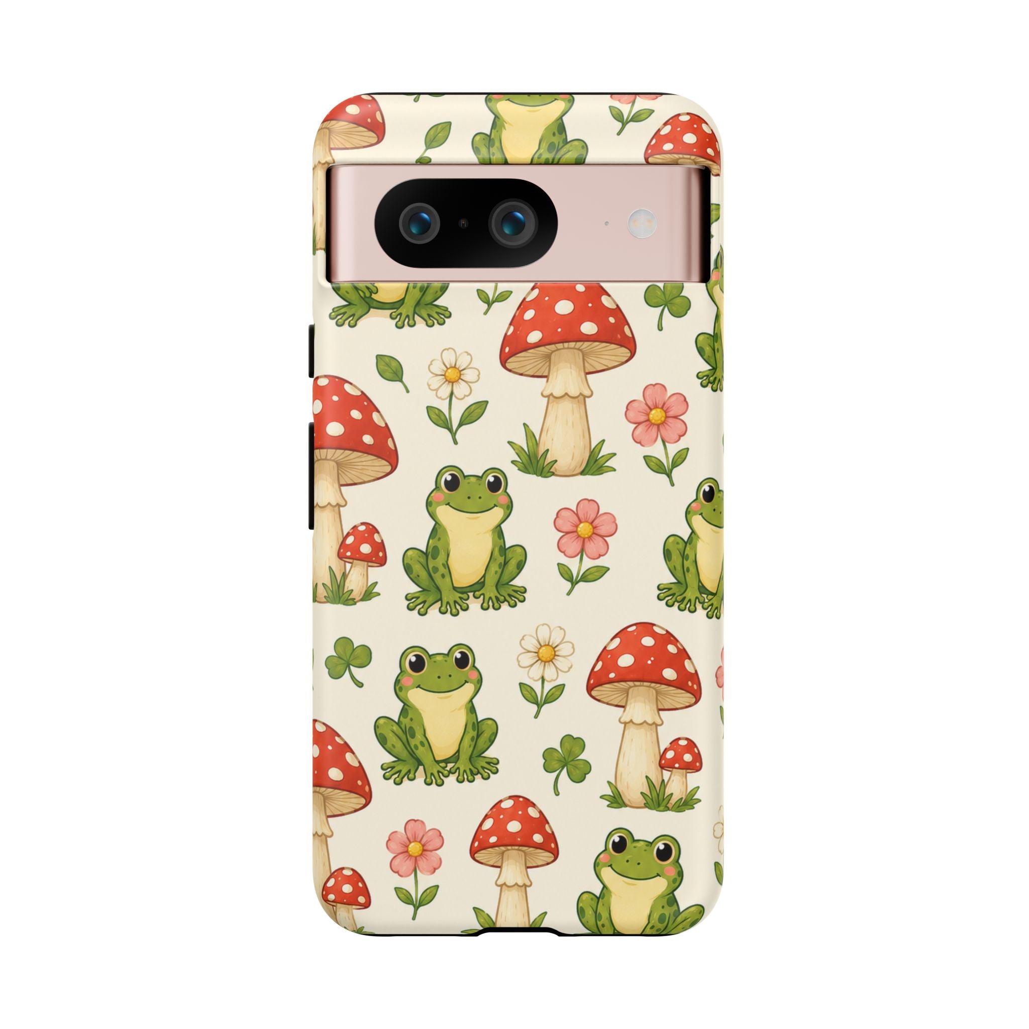 Kawaii Frog & Red Capped Mushroom Phone Case – Cute Nature Pattern Protective Cover