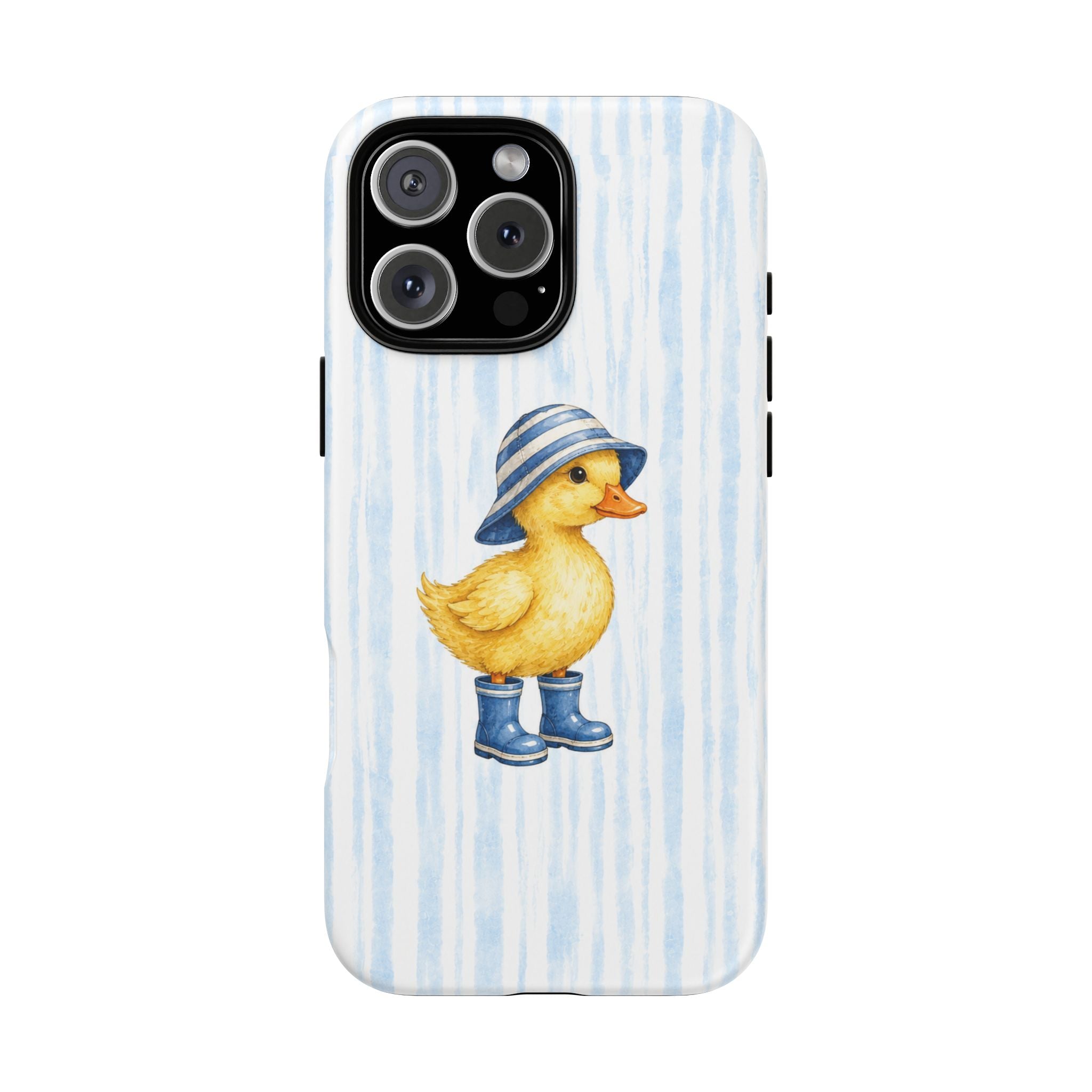 Cute Duckling Phone Case – Baby Blue Stripes with Duck in Hat & Boots