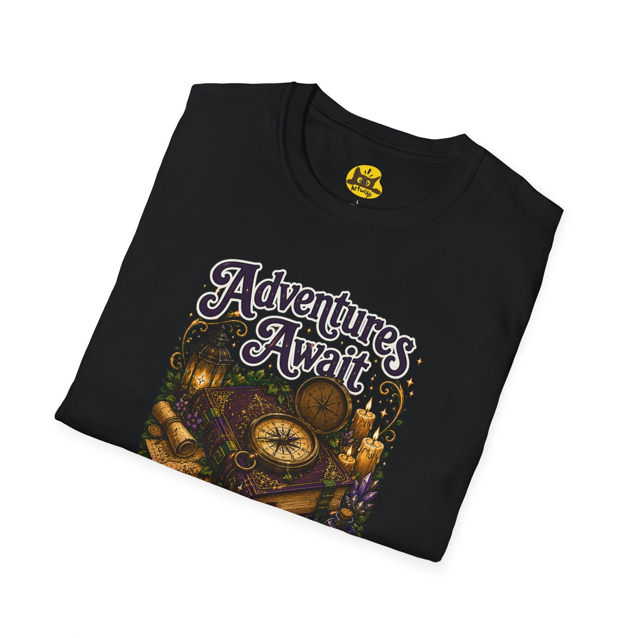 T-Shirt — "Adventures Await" Compass & Candle Travel Graphic