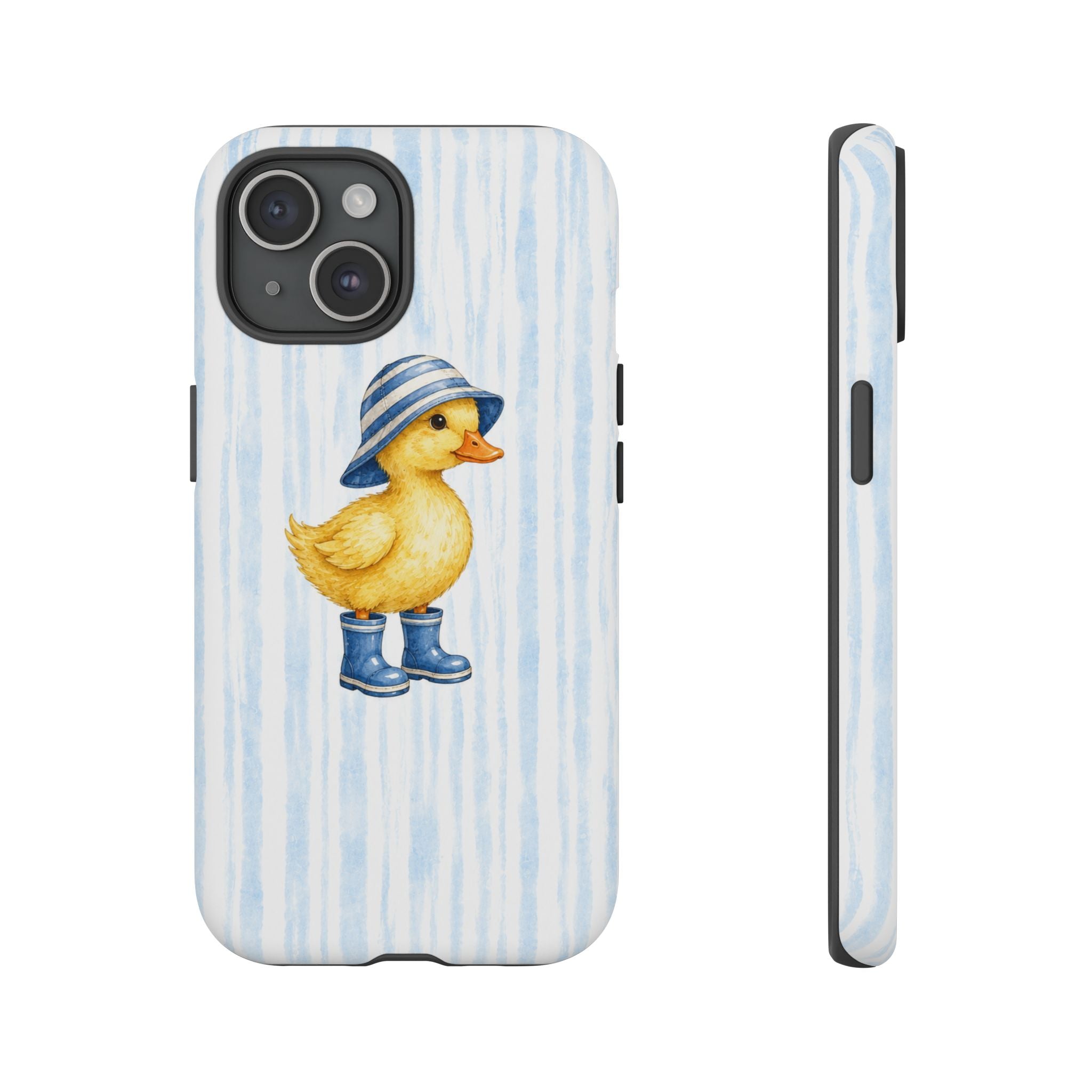 Cute Duckling Phone Case – Baby Blue Stripes with Duck in Hat & Boots